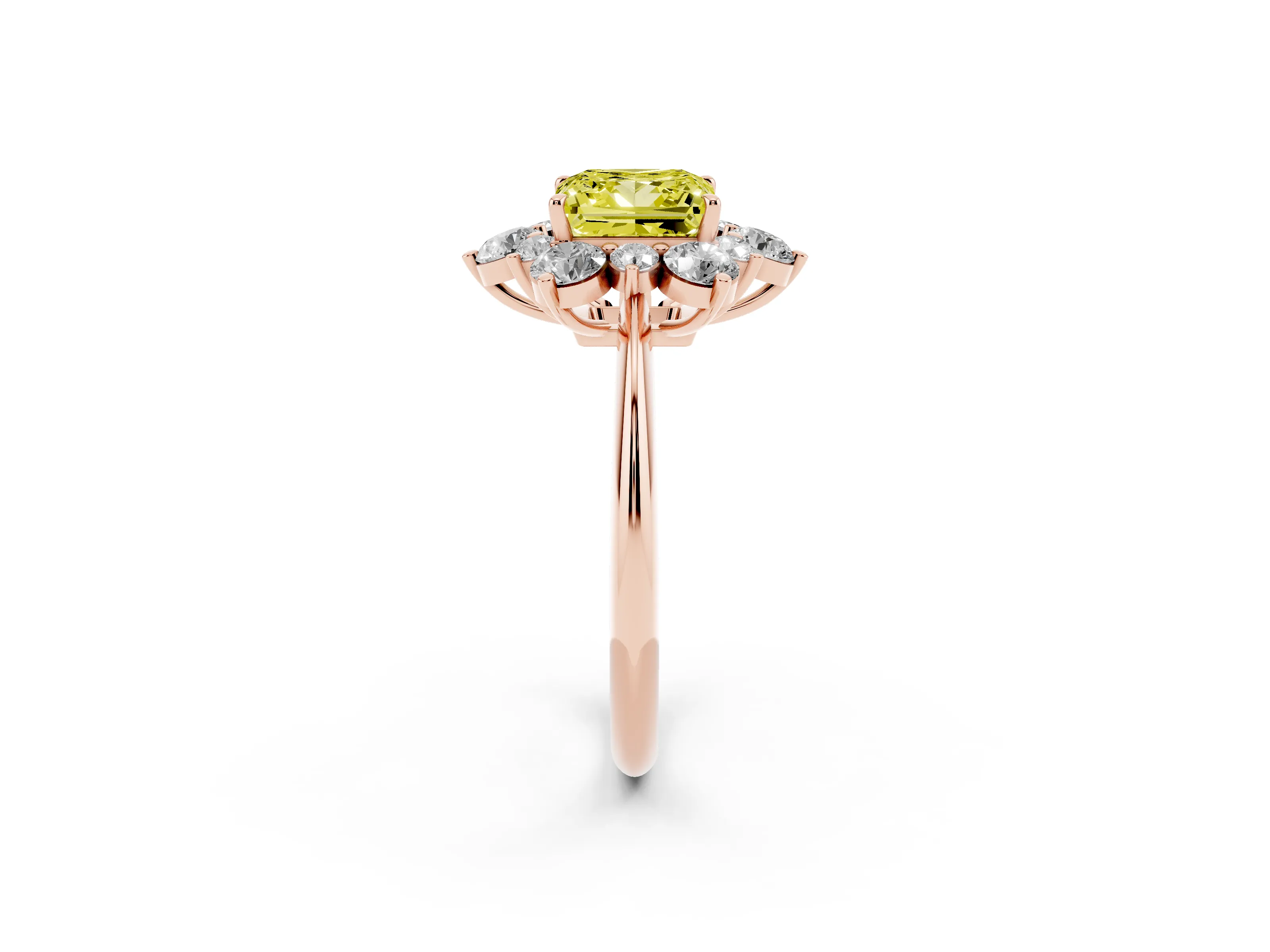 Fancy Yellow Princess Cut Diamond Cluster Halo Ring Set in Rose gold with Solitaire Band and Prong Setting