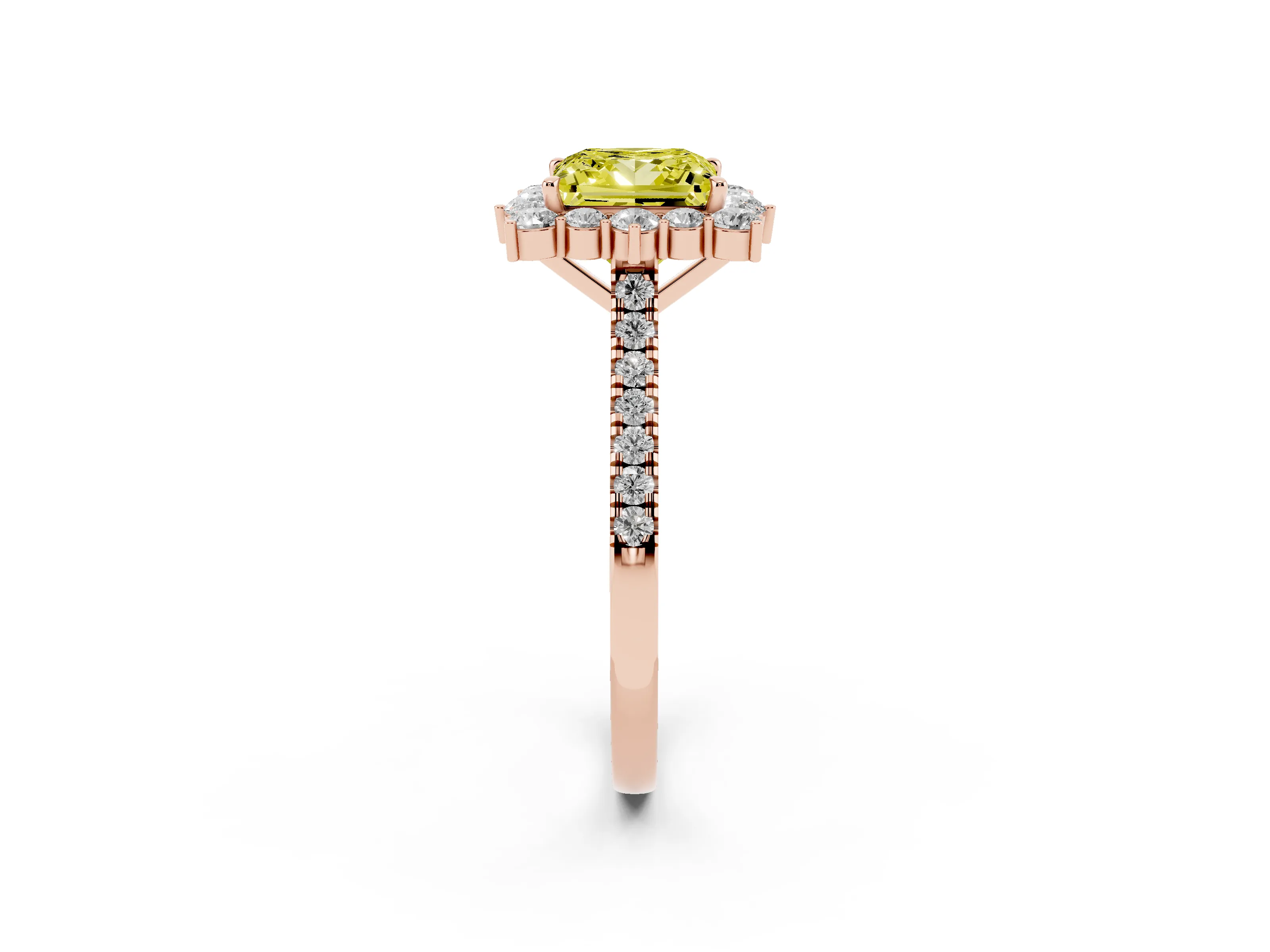 Fancy Yellow Princess Cut Diamond Halo Ring Set in Rose gold with Pavé Band and Prong Setting