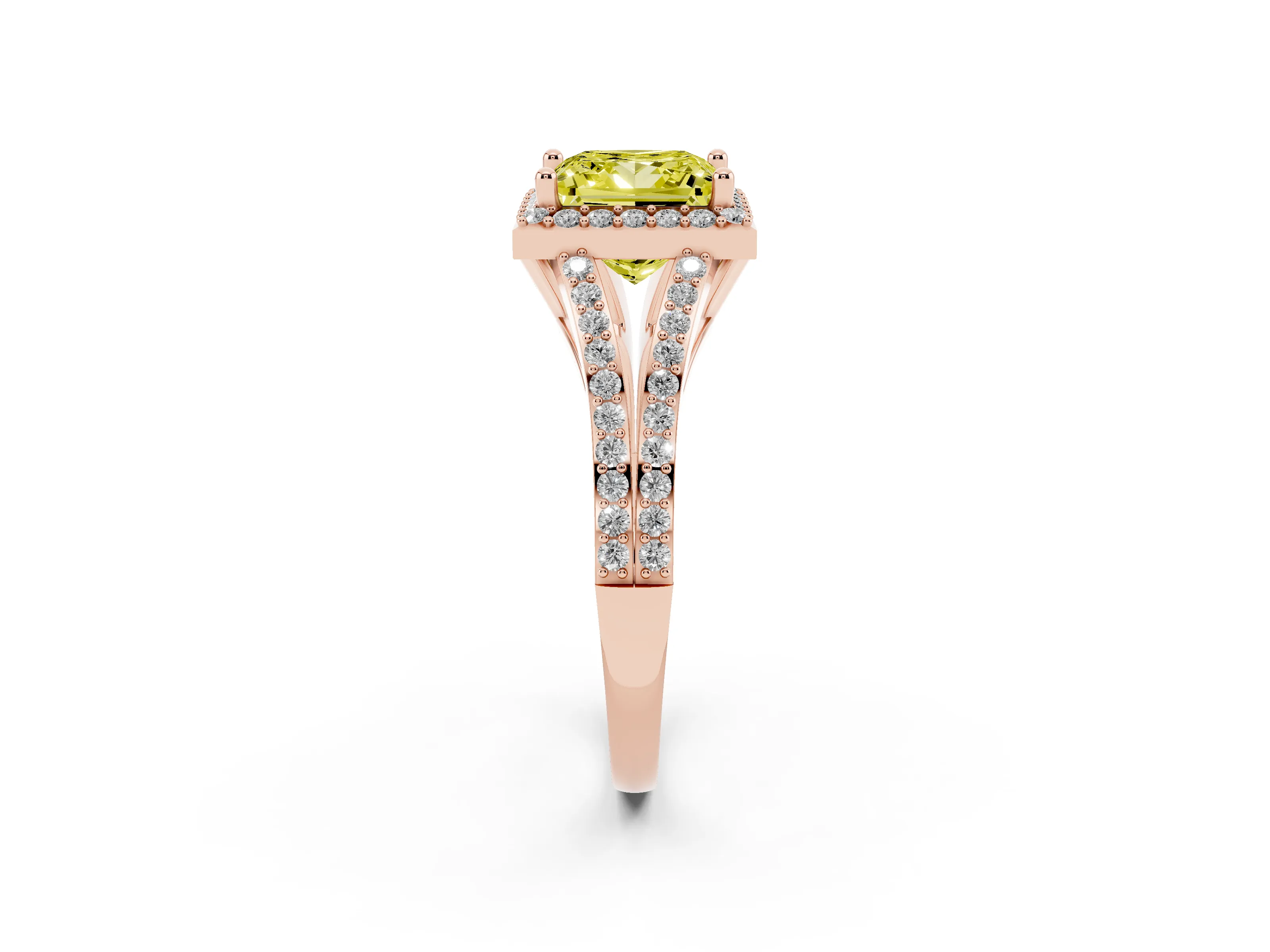 Fancy Yellow Princess Cut Diamond Halo Split Shank Pavé Ring Set in Rose gold with Prong Setting
