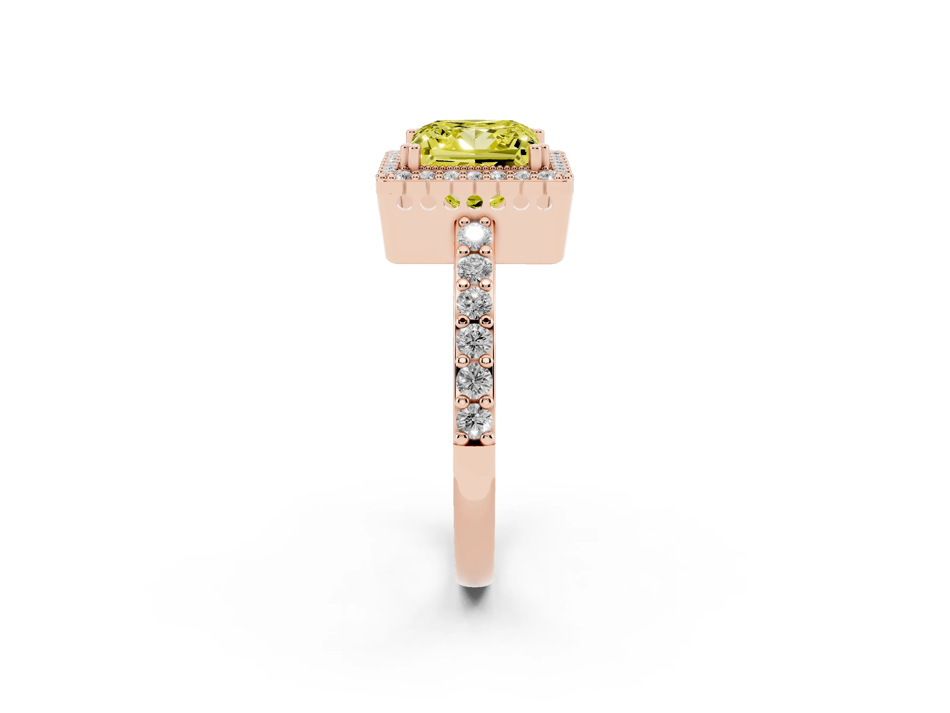 Fancy Yellow Princess Cut Diamond Halo Engagement Ring Set in Rose gold with Milgrain Detail and Pavé Band