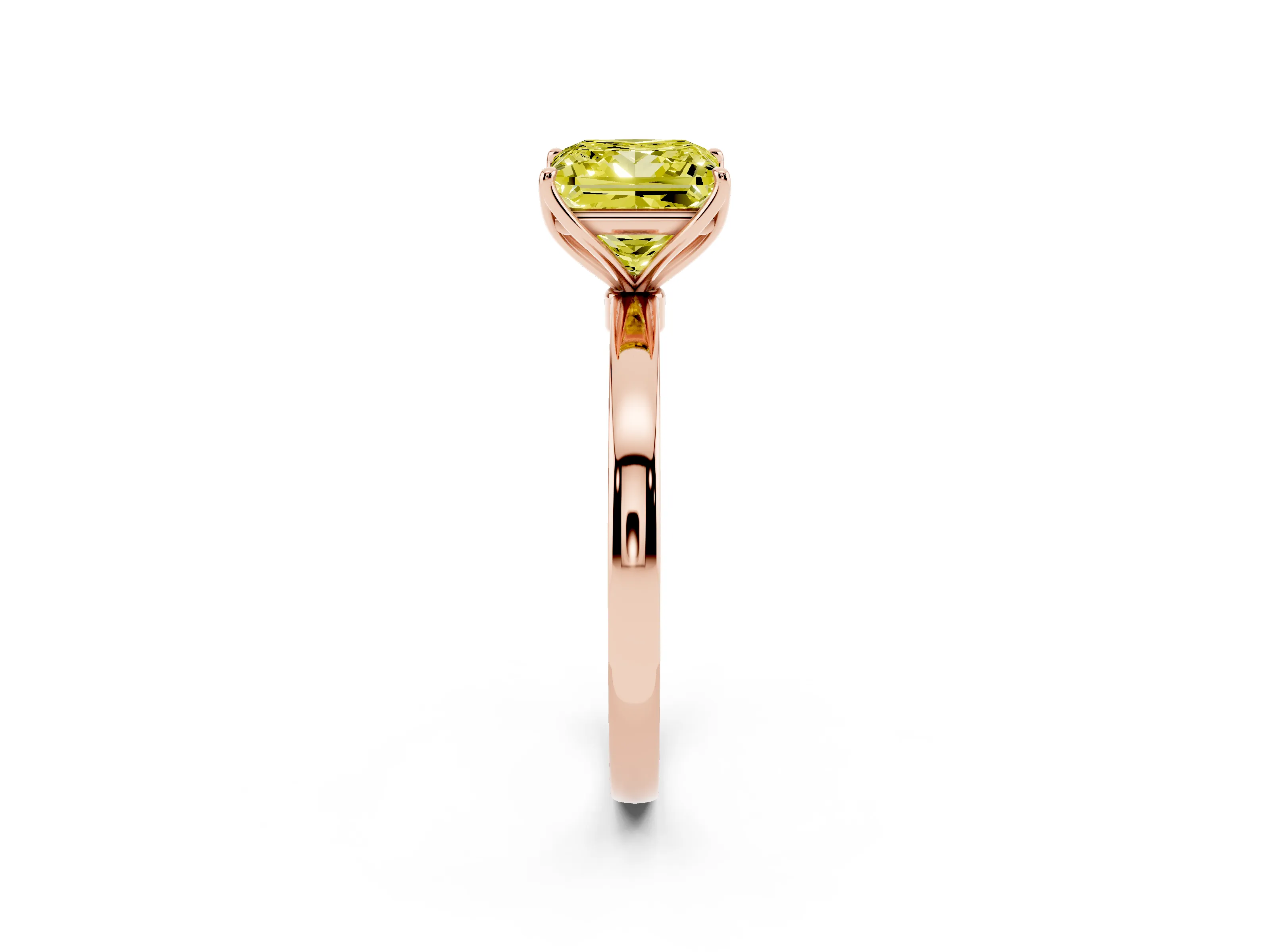 Fancy Yellow Princess Cut Diamond Solitaire Ring Set in Rose gold with Prong Setting and Thin Polished Band