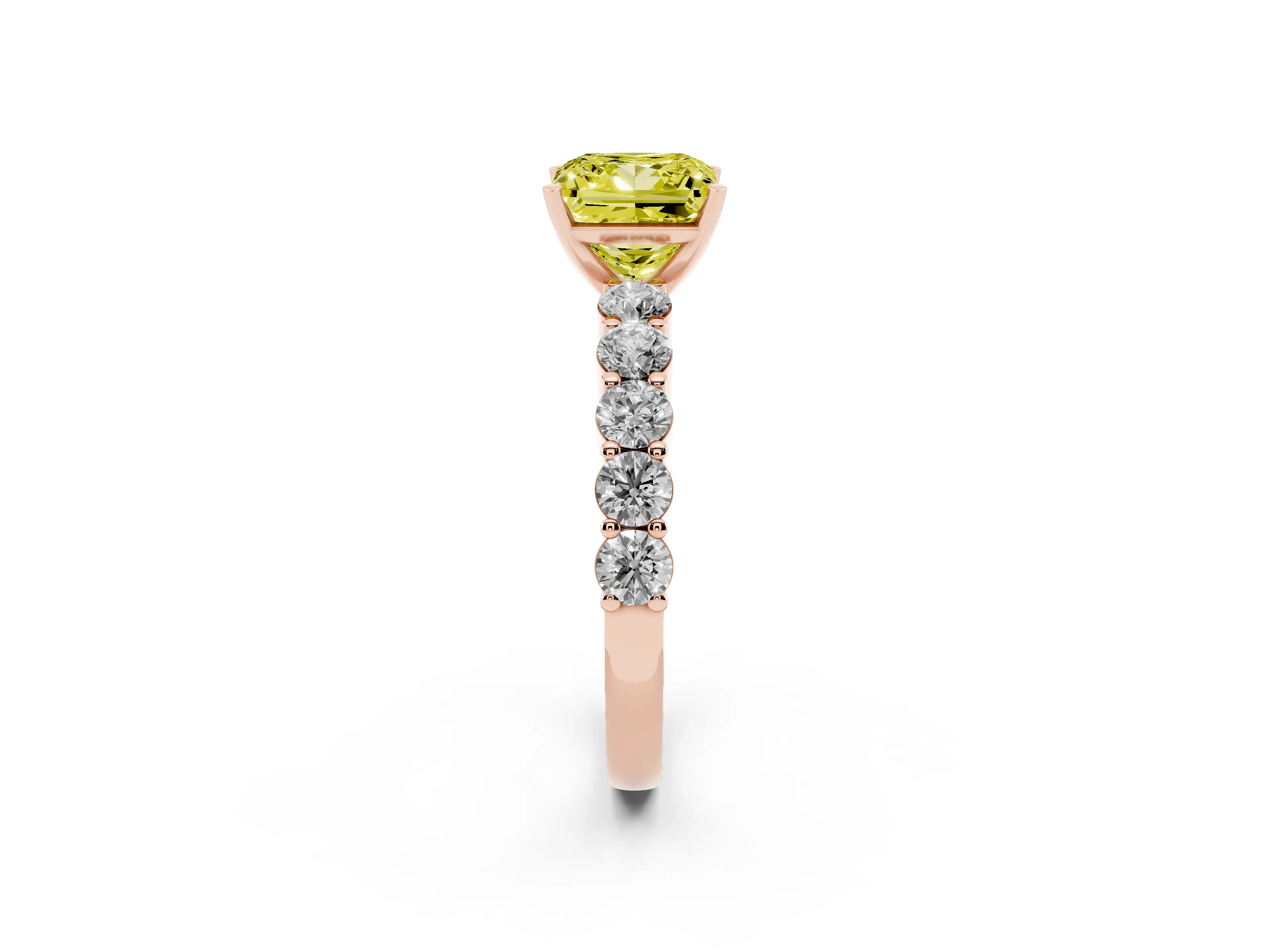 Fancy Yellow Princess Cut Diamond Solitaire Ring Set in Rose gold with Shared Prong Round Side Stones
