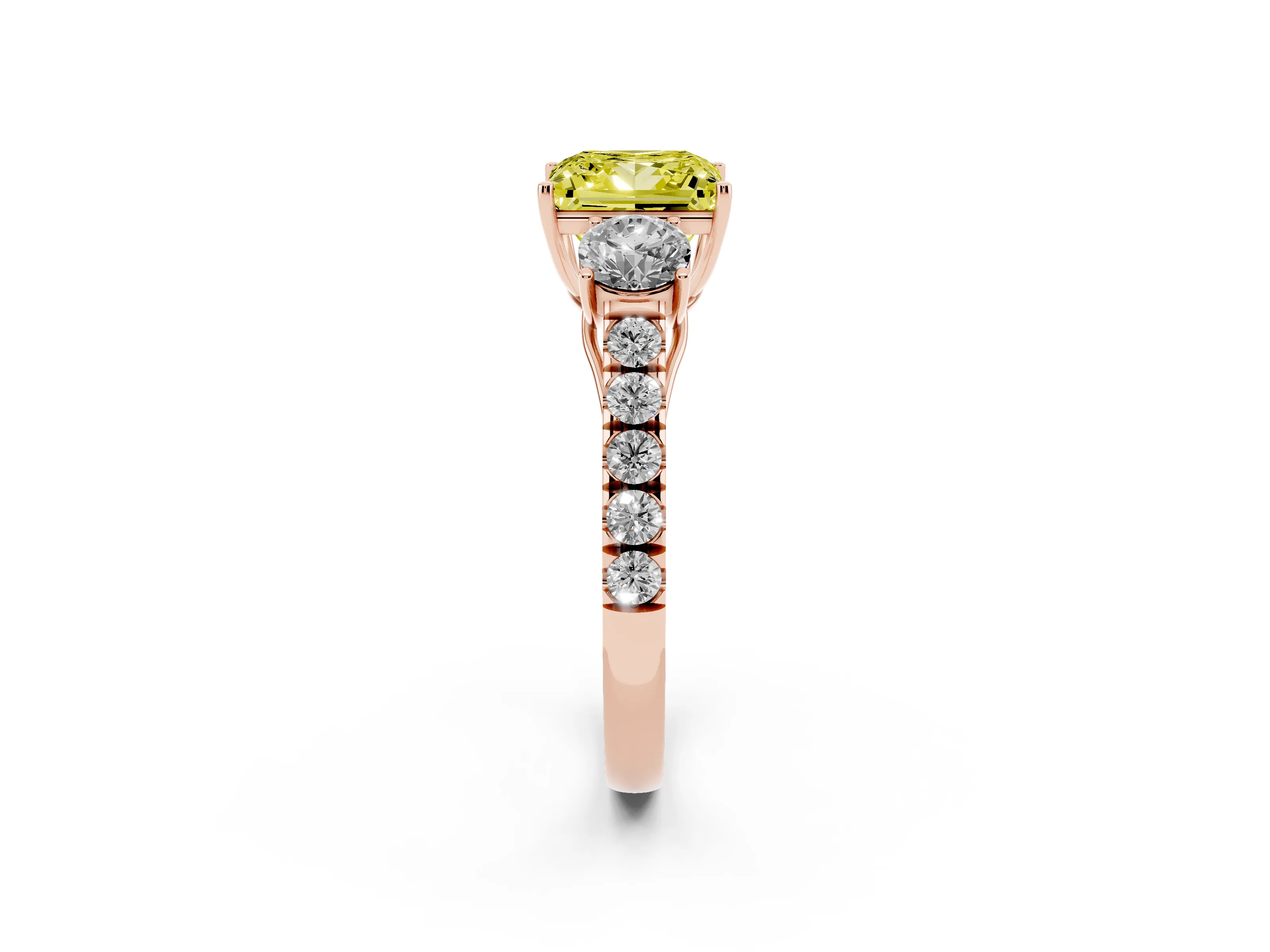 Fancy Yellow Princess Cut Diamond Three-Stone Ring Set in Rose gold with Round Side Stones and Delicate Pavé Band