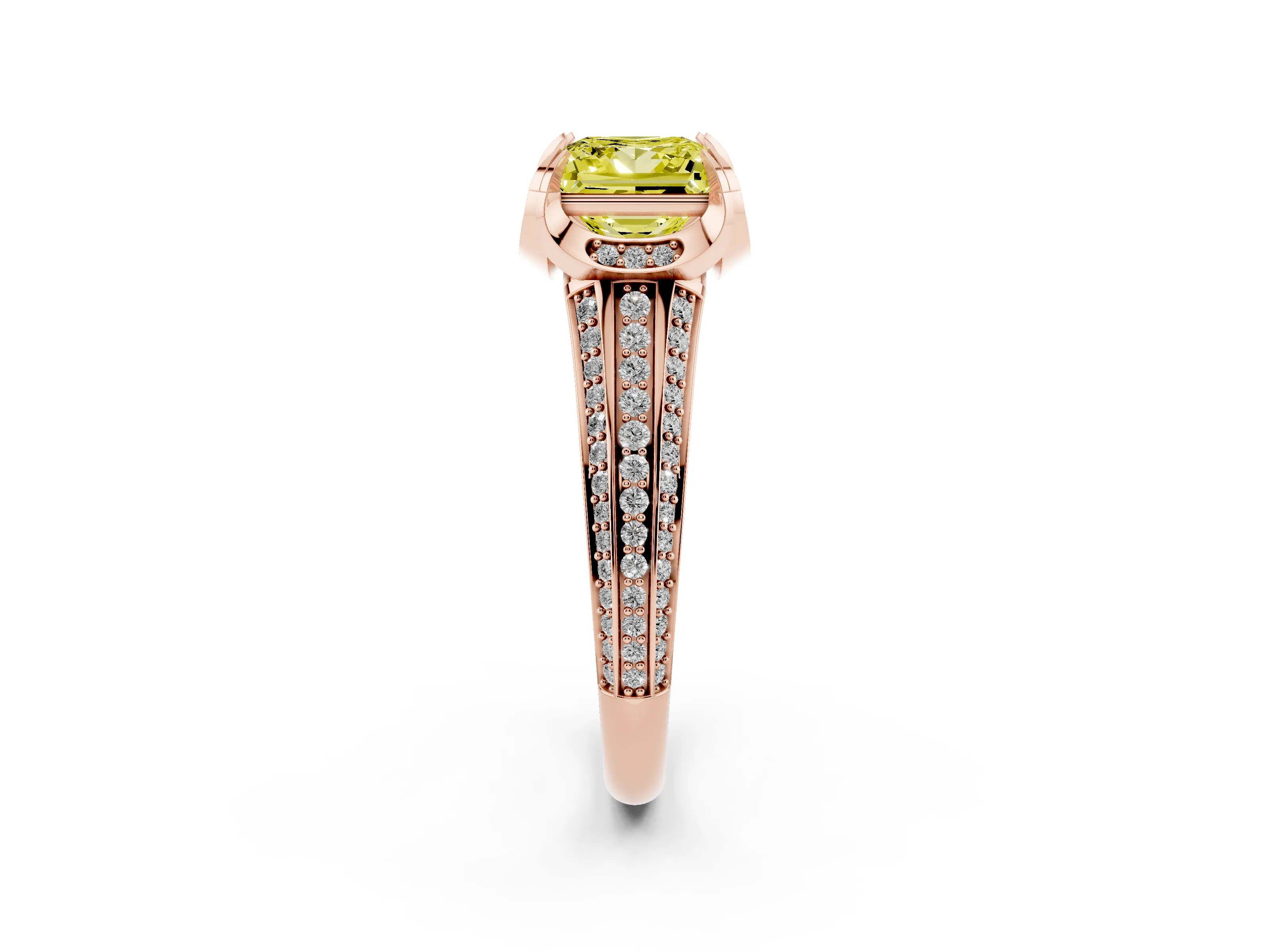 Fancy Yellow Princess Cut Diamond Pavé Split Shank Solitaire Ring Set in Rose gold with Prong Setting