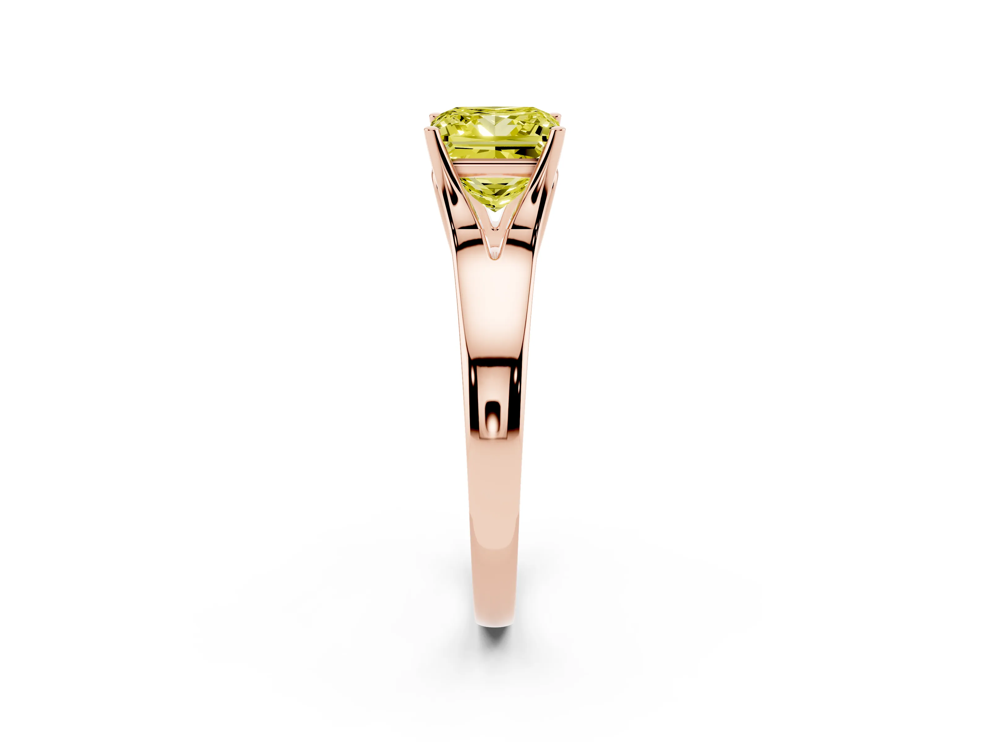 Fancy Yellow Princess Cut Diamond Solitaire Ring Set in Rose gold with Arched Cathedral Band and Prong Setting