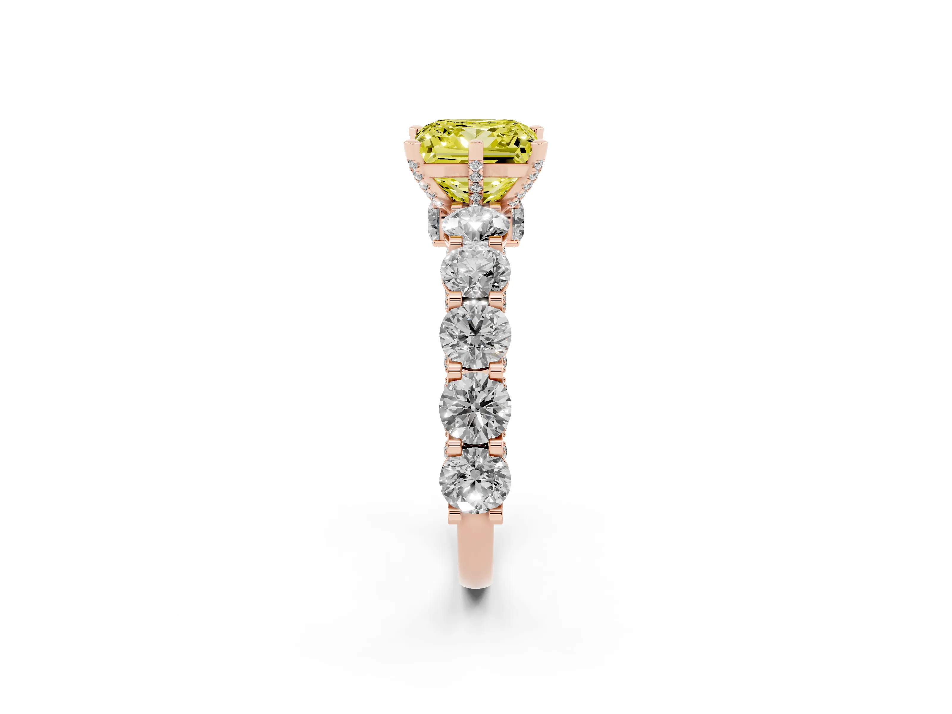 Fancy Yellow Princess Cut Diamond Side Stone Ring Set in Rose gold with Alternating Round and Oval Side Stones
