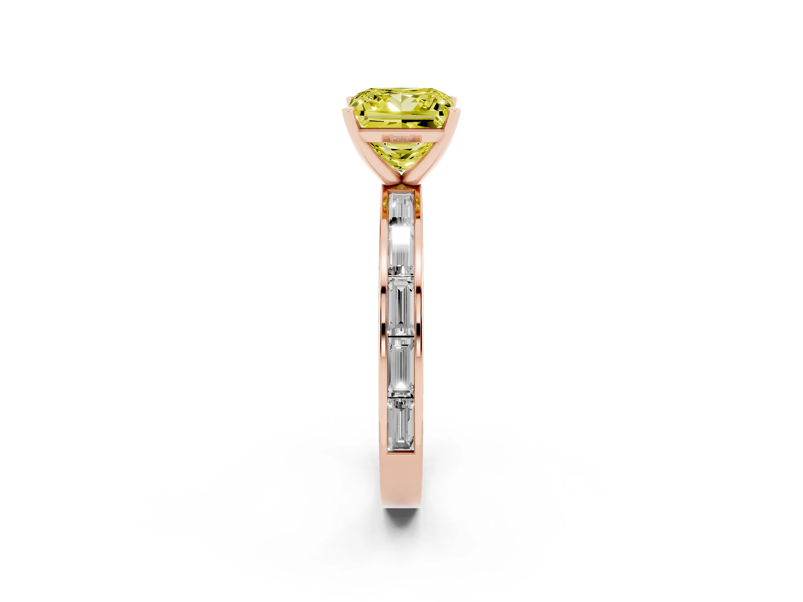 Fancy Yellow Princess Cut Diamond Solitaire Ring Set in Rose gold with Channel-Set Baguette Band and Prong Setting