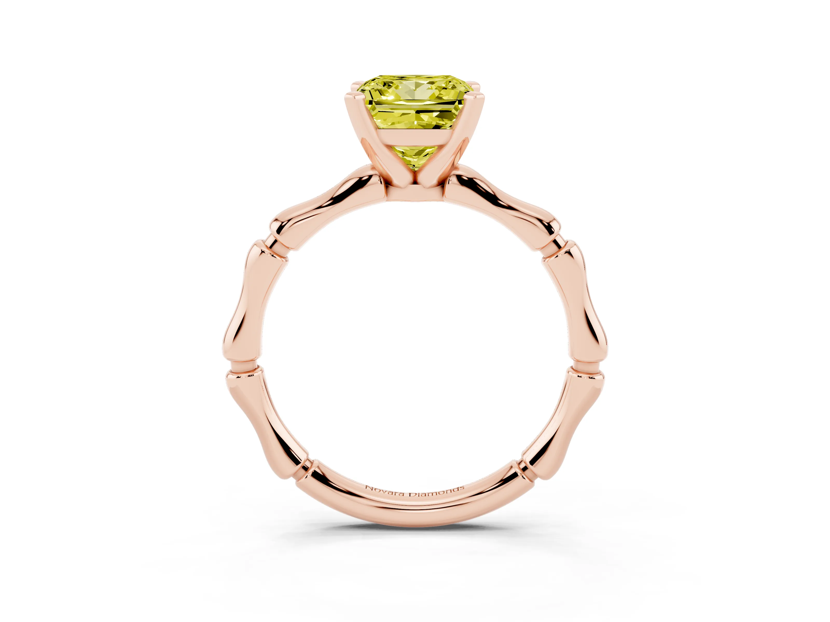 Fancy Yellow Princess Cut Diamond Solitaire Ring Set in Rose gold with Bamboo Band and Prong Setting