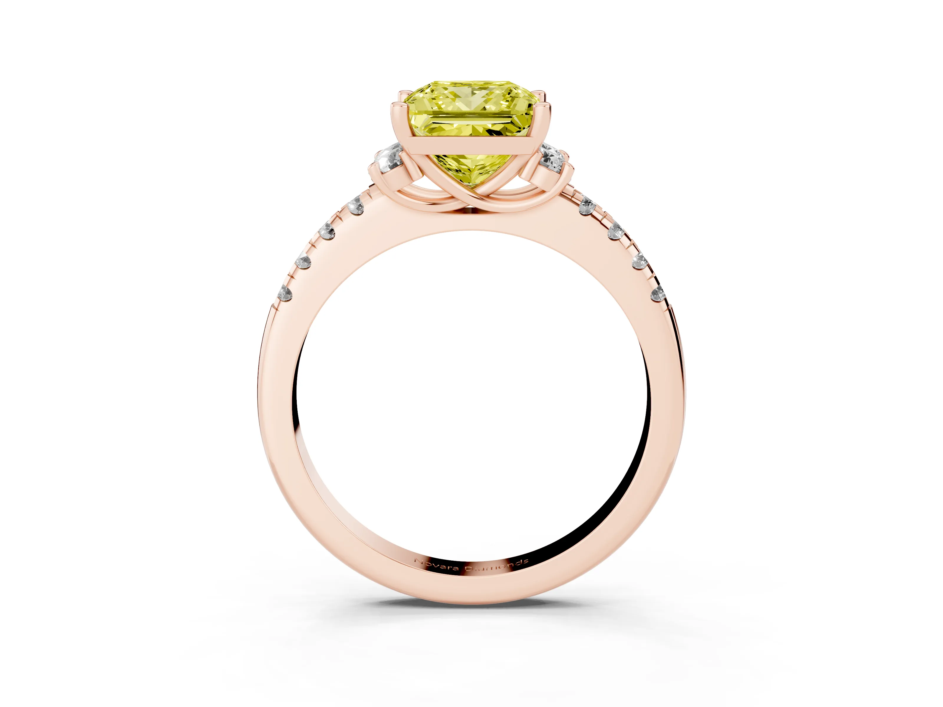 Fancy Yellow Princess Cut Diamond Three-Stone Pavé Ring Set in Rose gold with Prong Setting