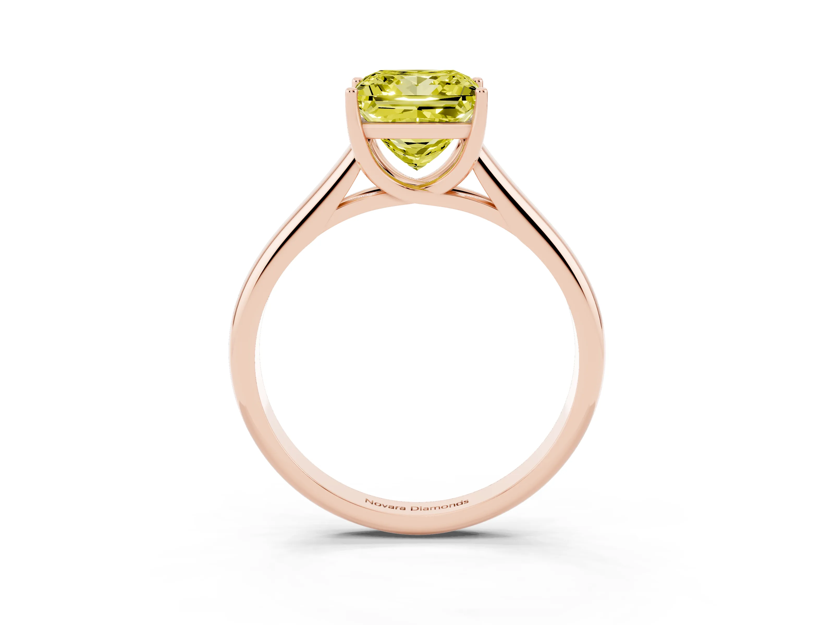 Fancy Yellow Princess Cut Diamond Solitaire Engagement Ring Set in Rose gold with Subtly Tapered Band and Prong Setting