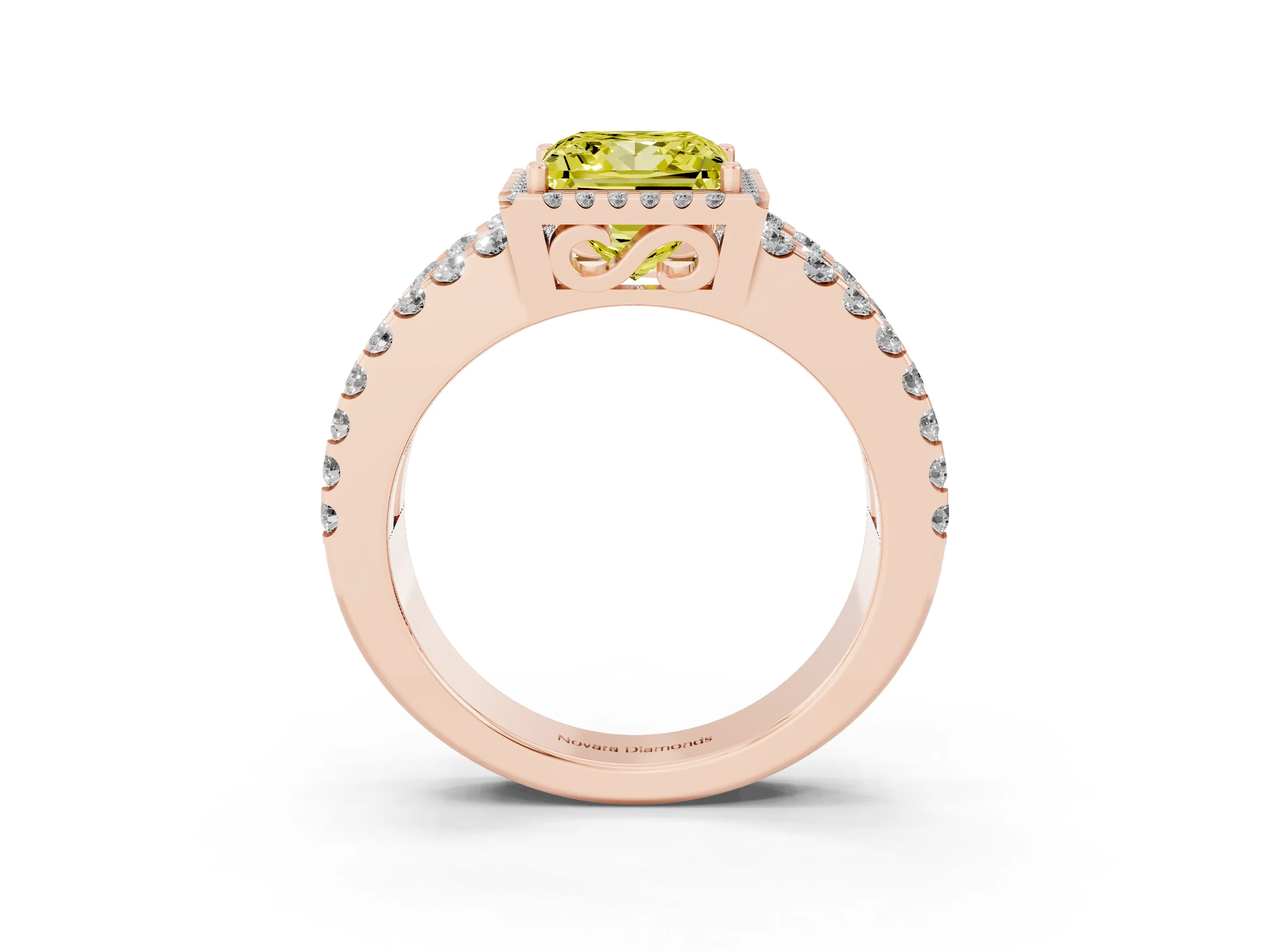 Fancy Yellow Princess Cut Diamond Halo Ring Set in Rose gold with Pavé Split Shank and Prong Setting