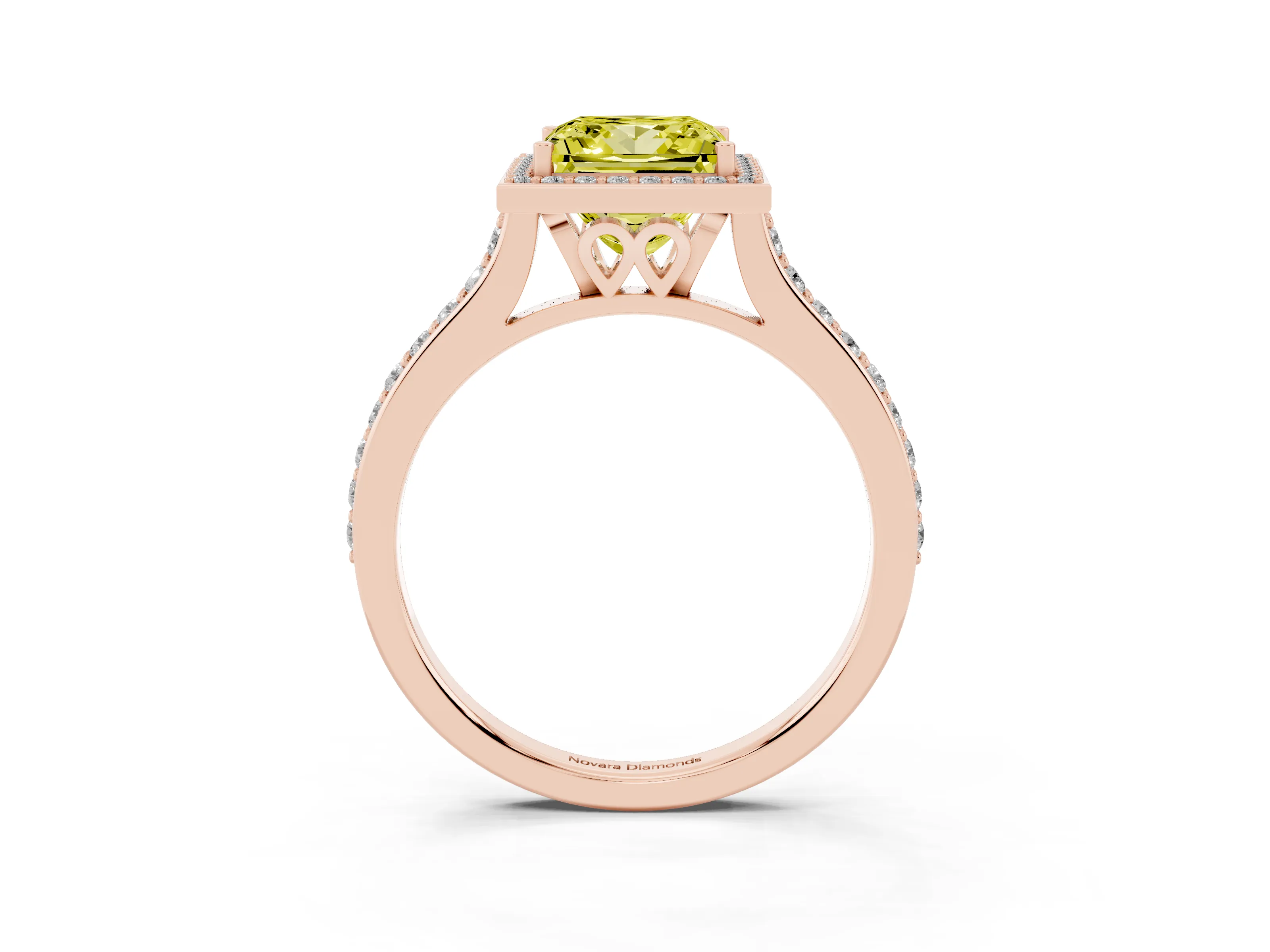 Fancy Yellow Princess Cut Diamond Halo Engagement Ring Set in Rose gold with Round Pavé Shoulders and Heart Gallery