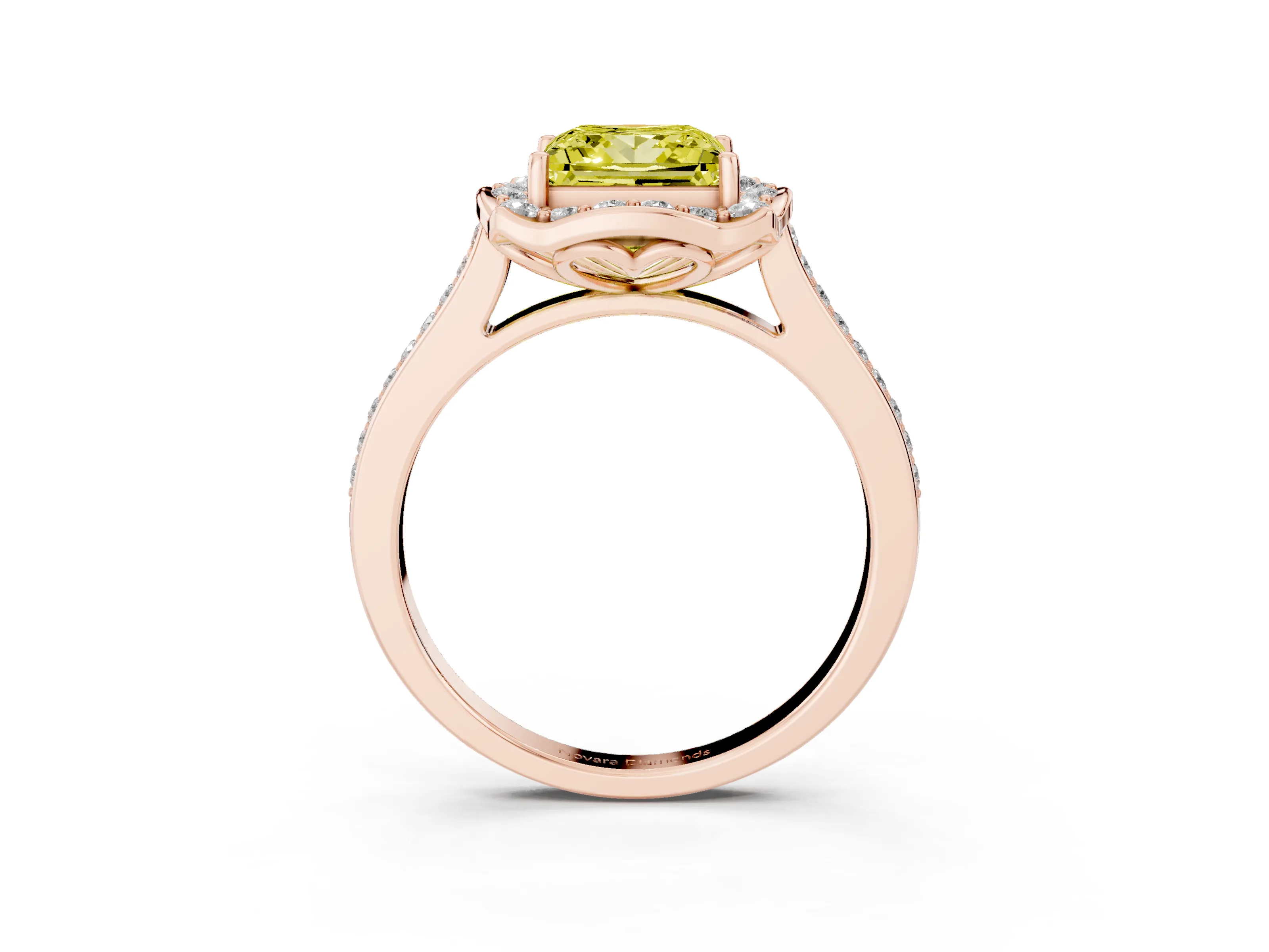 Fancy Yellow Princess Cut Diamond Halo Ring Set in Rose gold with Pavé-Lined Shoulders and Prong Setting