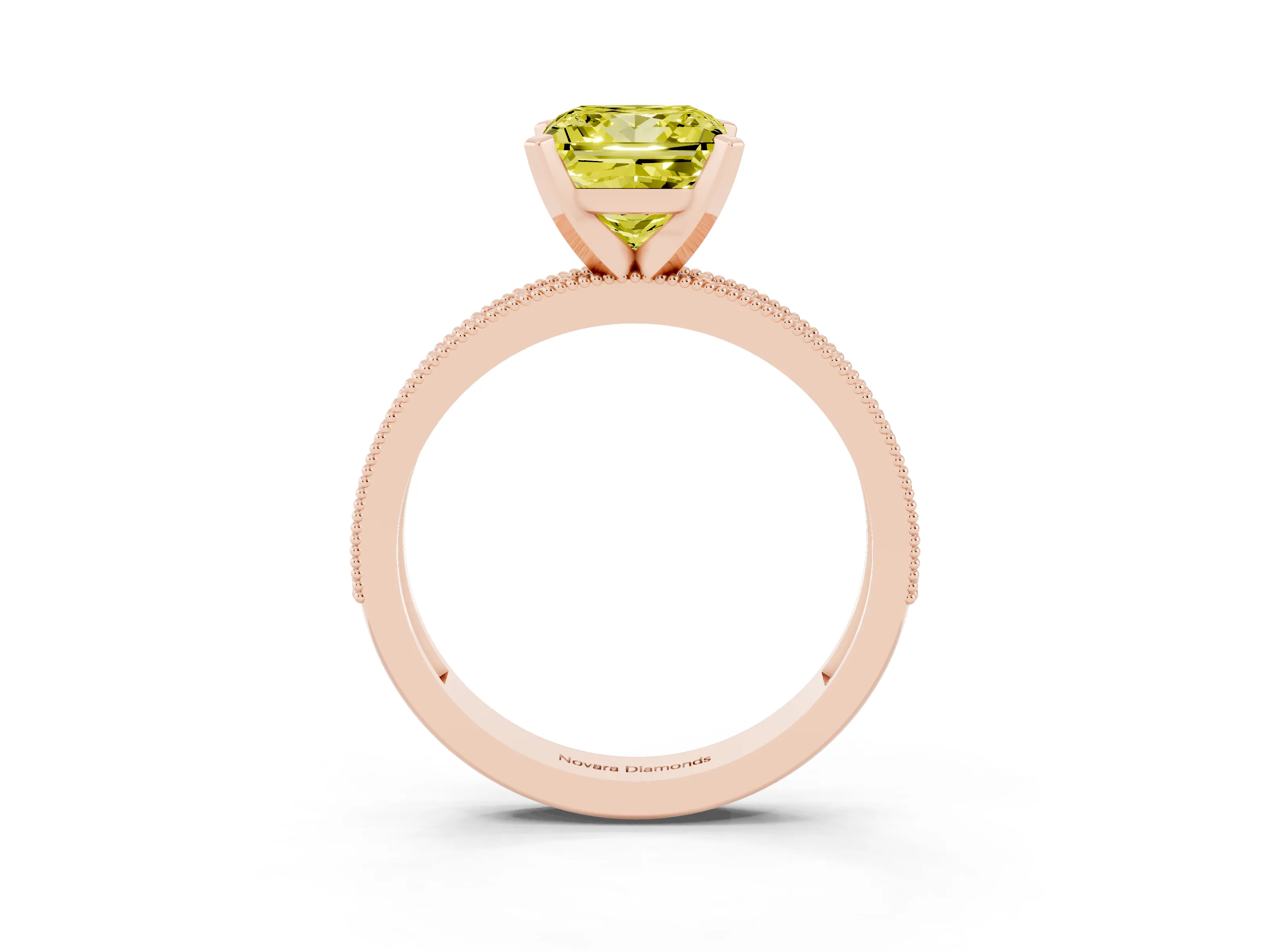 Fancy Yellow Princess Cut Diamond Milgrain Pavé Engagement Ring Set in Rose gold with Prong Setting