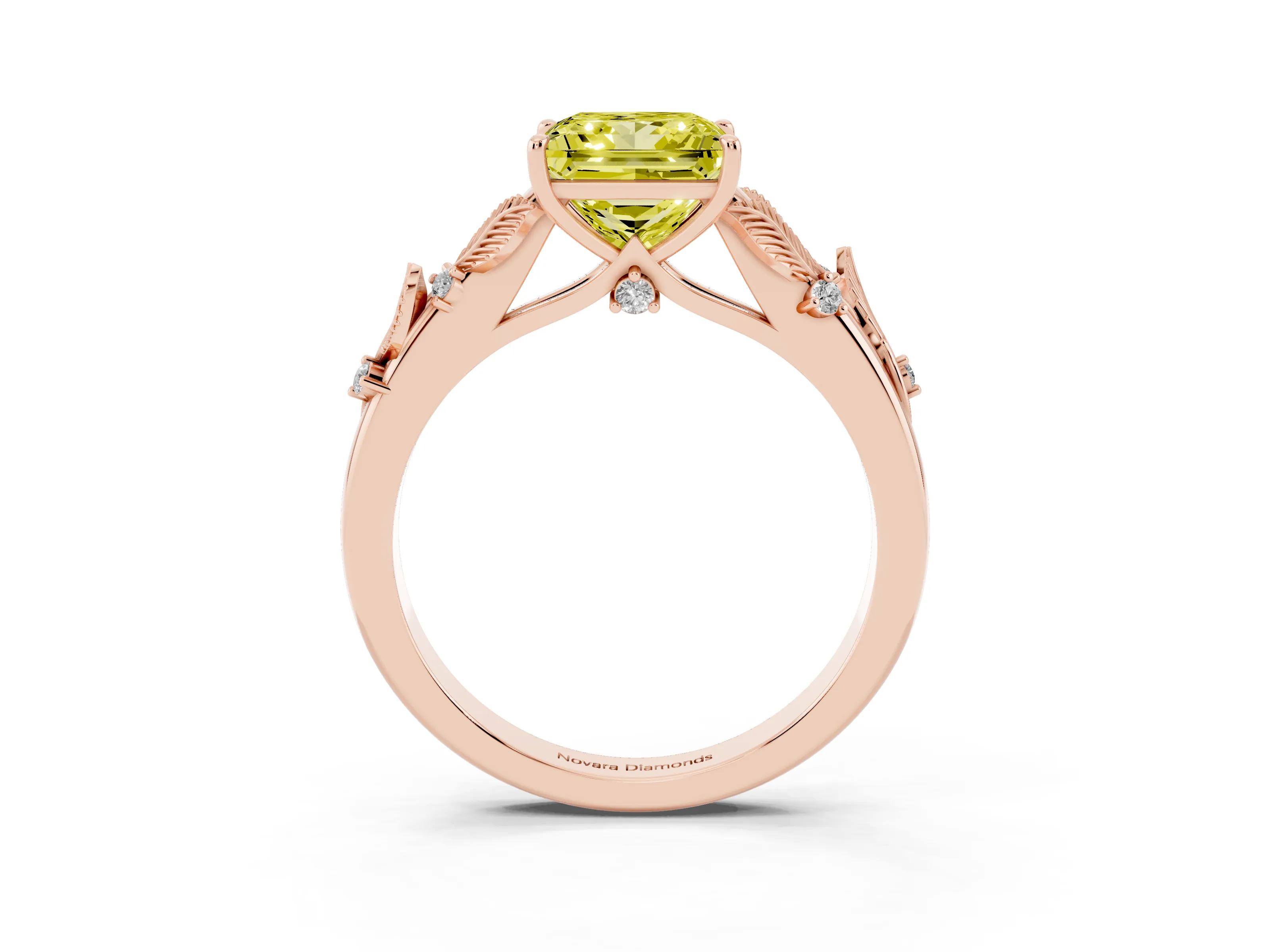Fancy Yellow Princess Cut Diamond Solitaire Ring Set in Rose gold with Leaf Motif Band