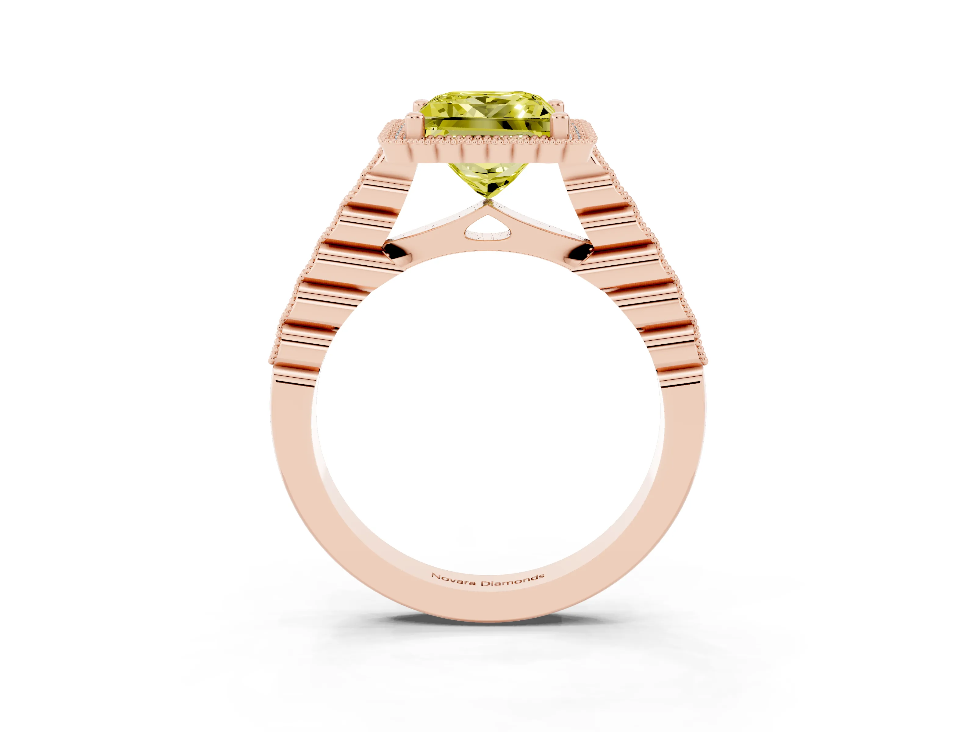 Fancy Yellow Princess Cut Diamond Halo Ring Set in Rose gold with Pavé Milgrain Band