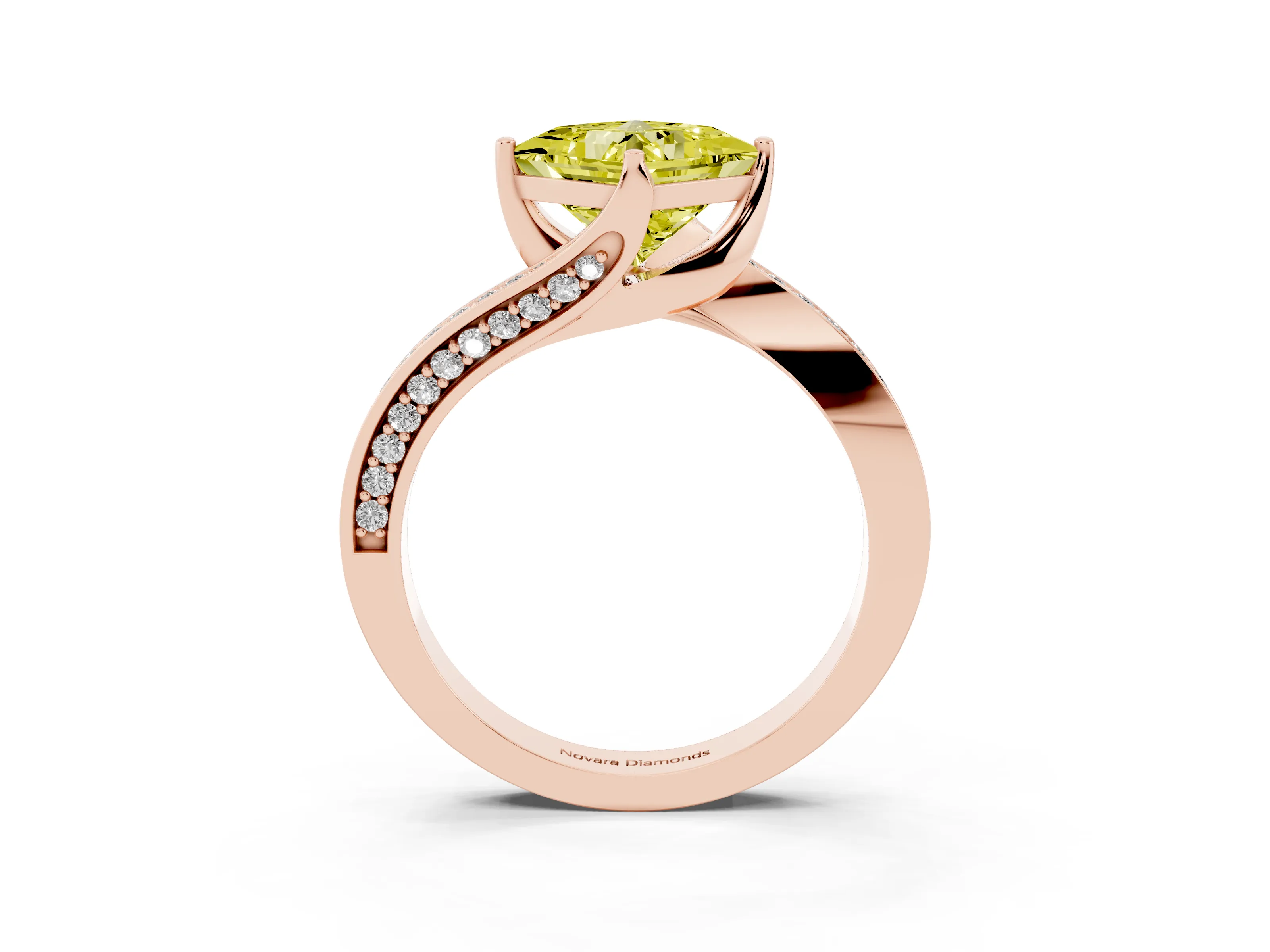 Fancy Yellow Princess Cut Diamond Solitaire Ring Set in Rose gold with Intertwined Pavé Twist Band