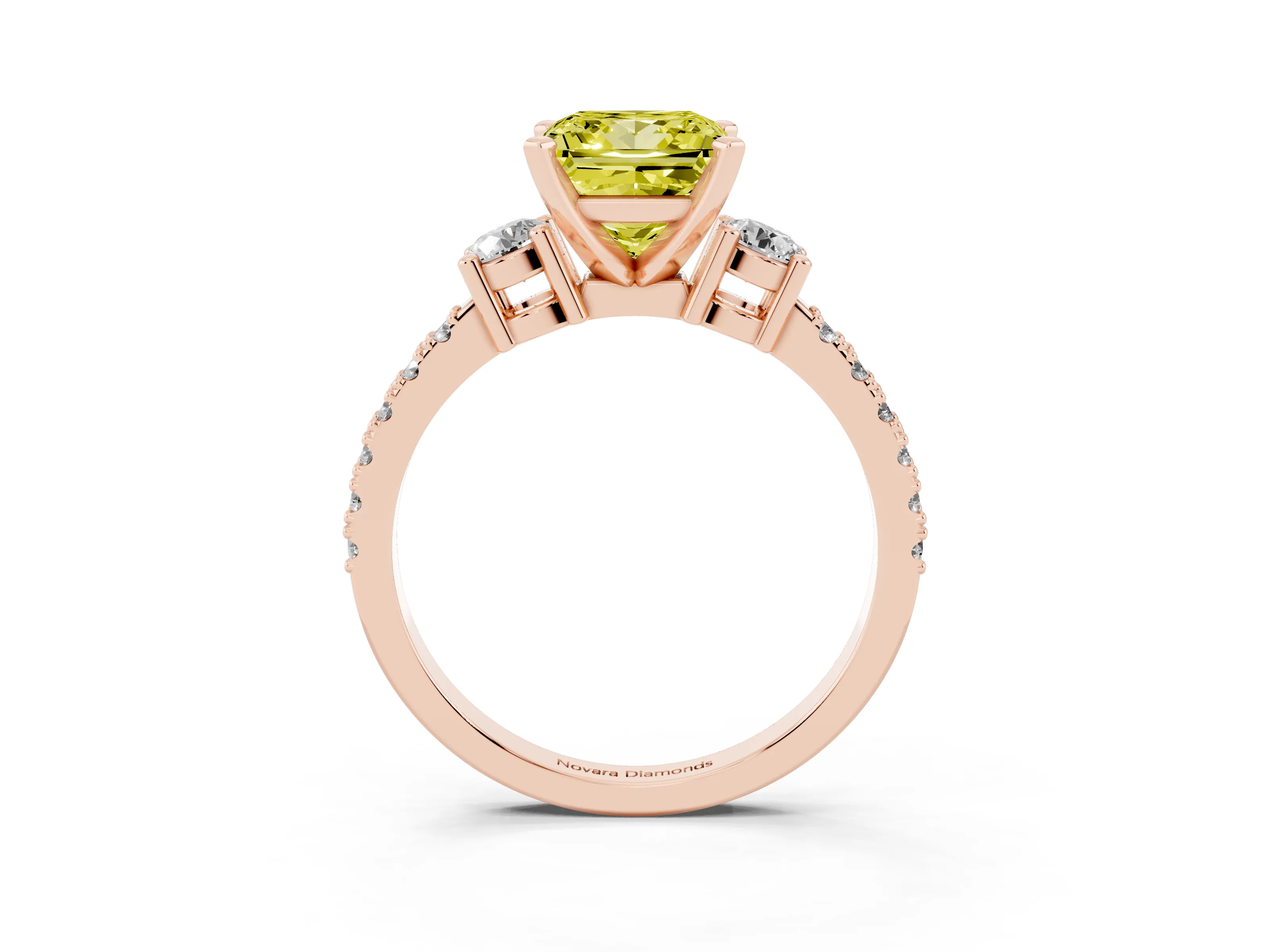 Fancy Yellow Three-Stone Princess Cut Diamond Pavé Band Ring Set in Rose gold with Prong Setting