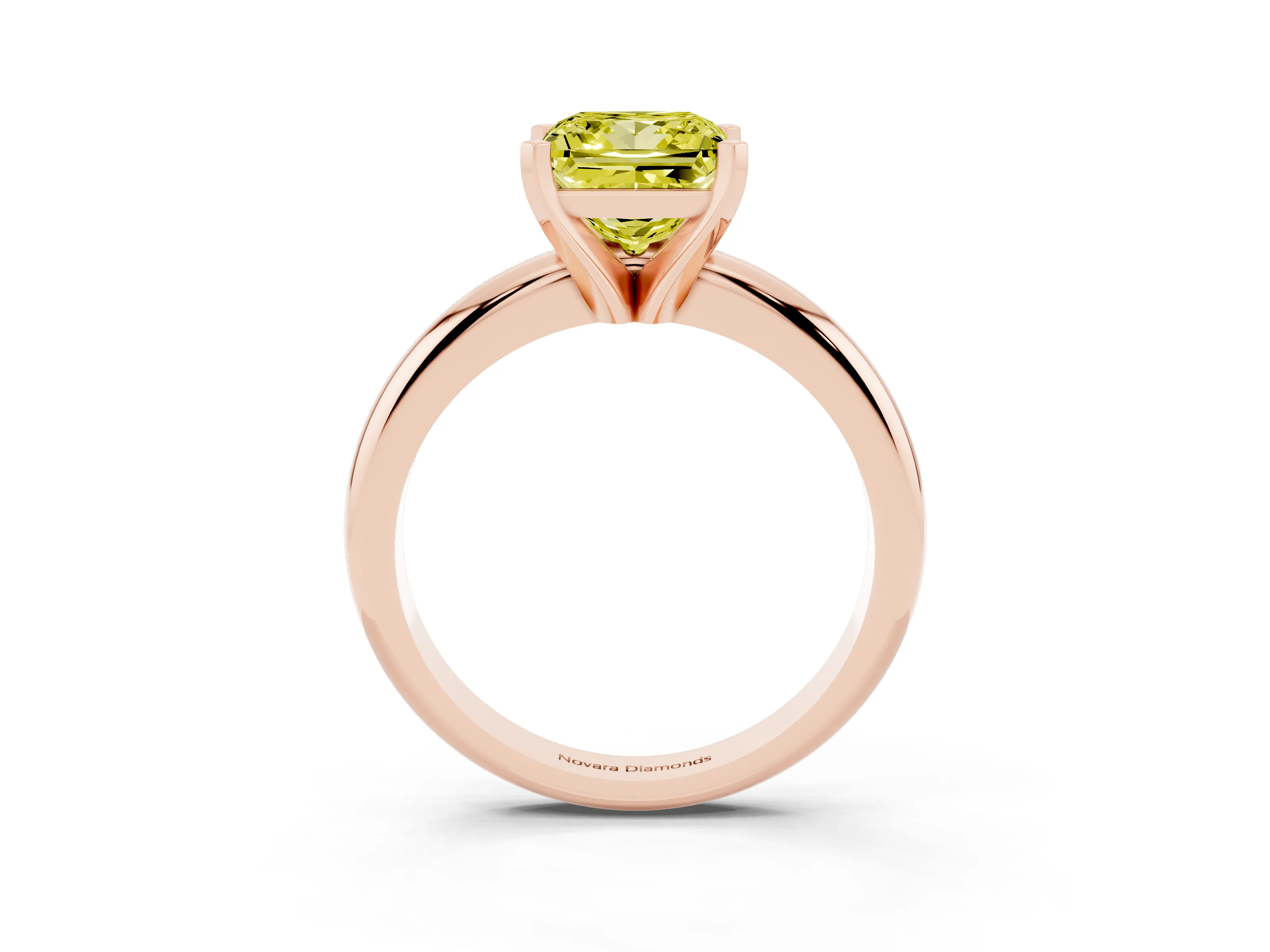 Fancy Yellow Princess Cut Diamond Solitaire Engagement Ring Set in Rose gold with Round Band and Prong Setting