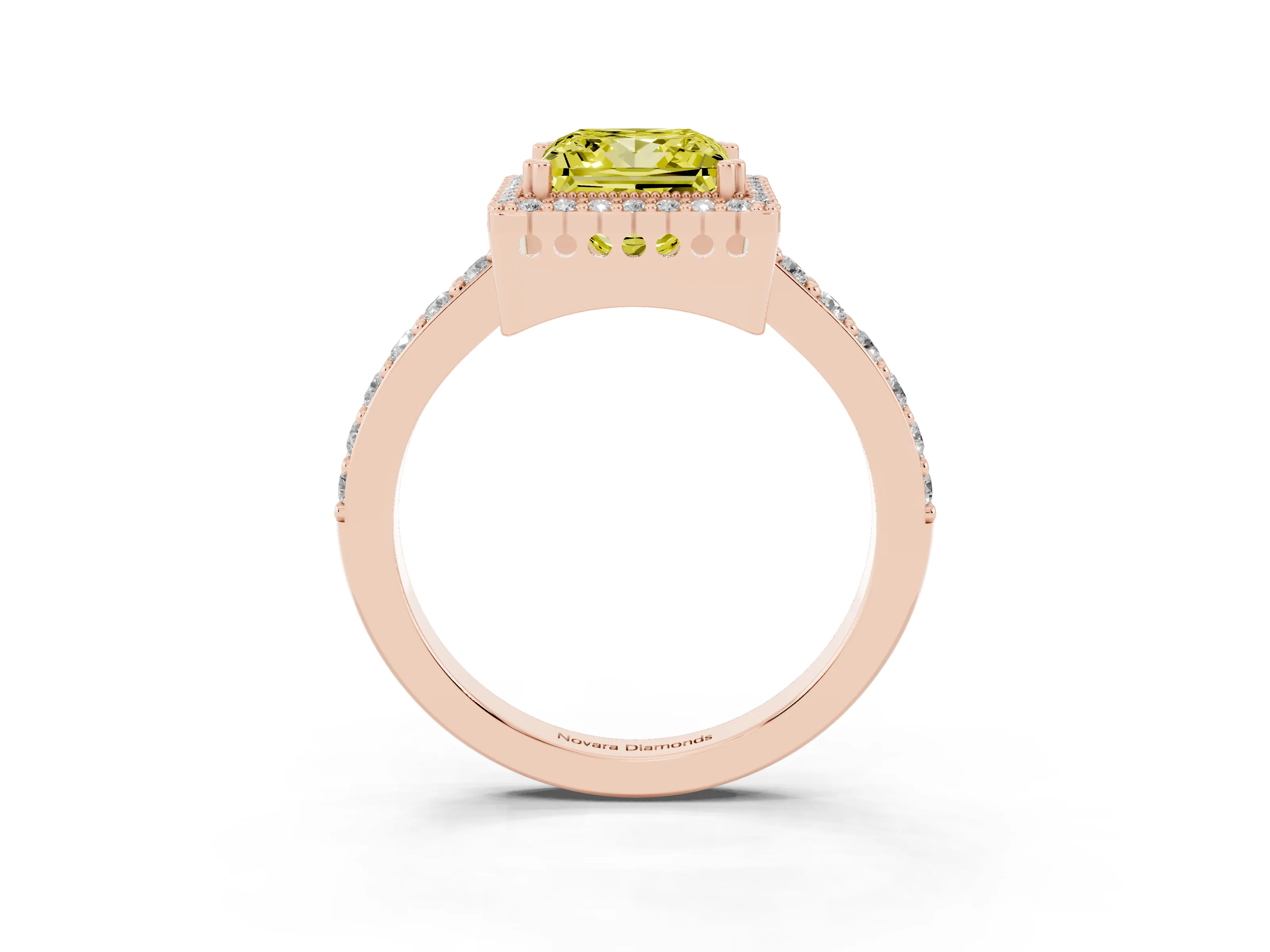 Fancy Yellow Princess Cut Diamond Halo Engagement Ring Set in Rose gold with Milgrain Detail and Pavé Band