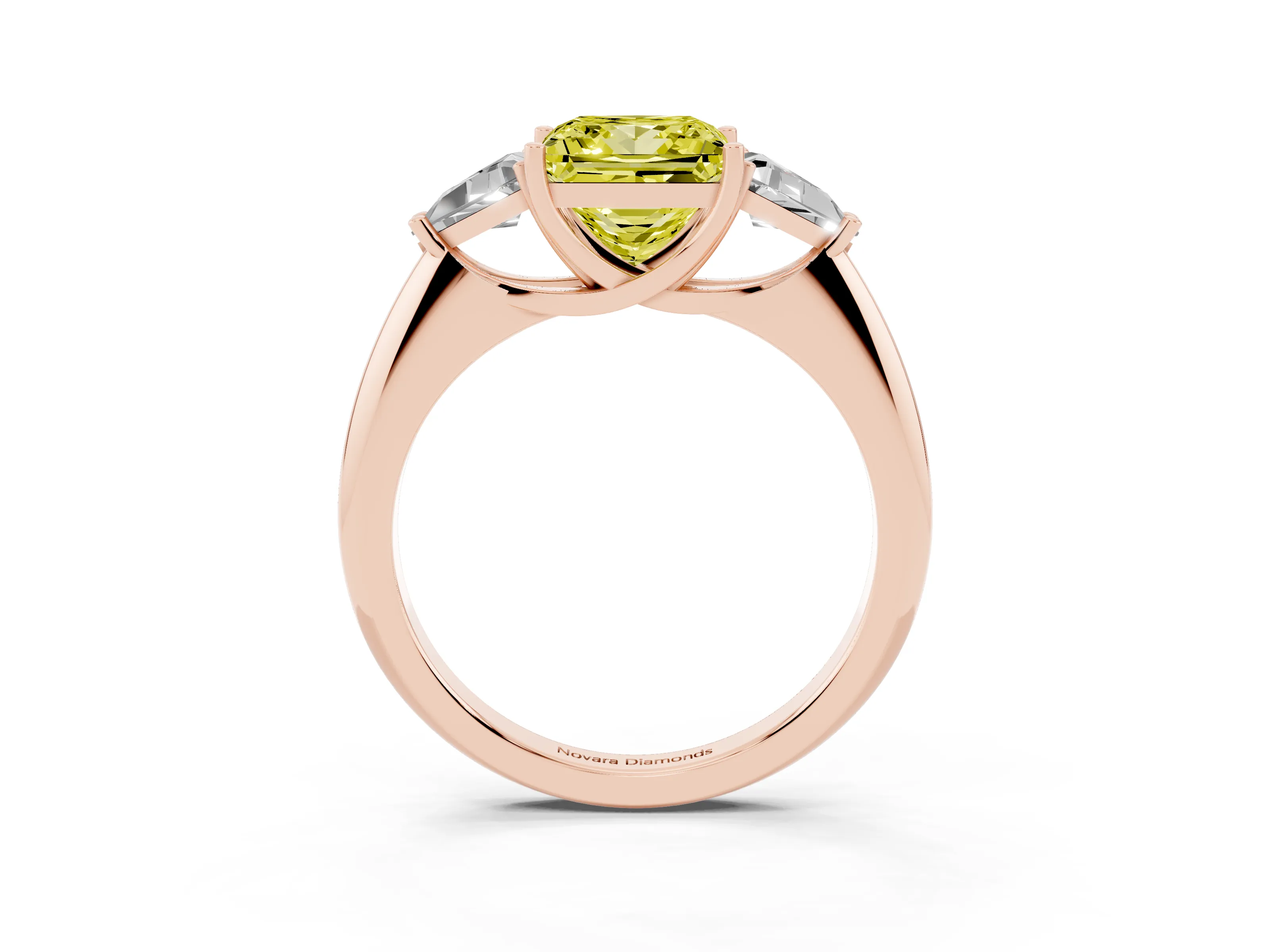 Fancy Yellow Princess Cut Diamond Three-Stone Engagement Ring Set in Rose gold with Trillion Side Stones