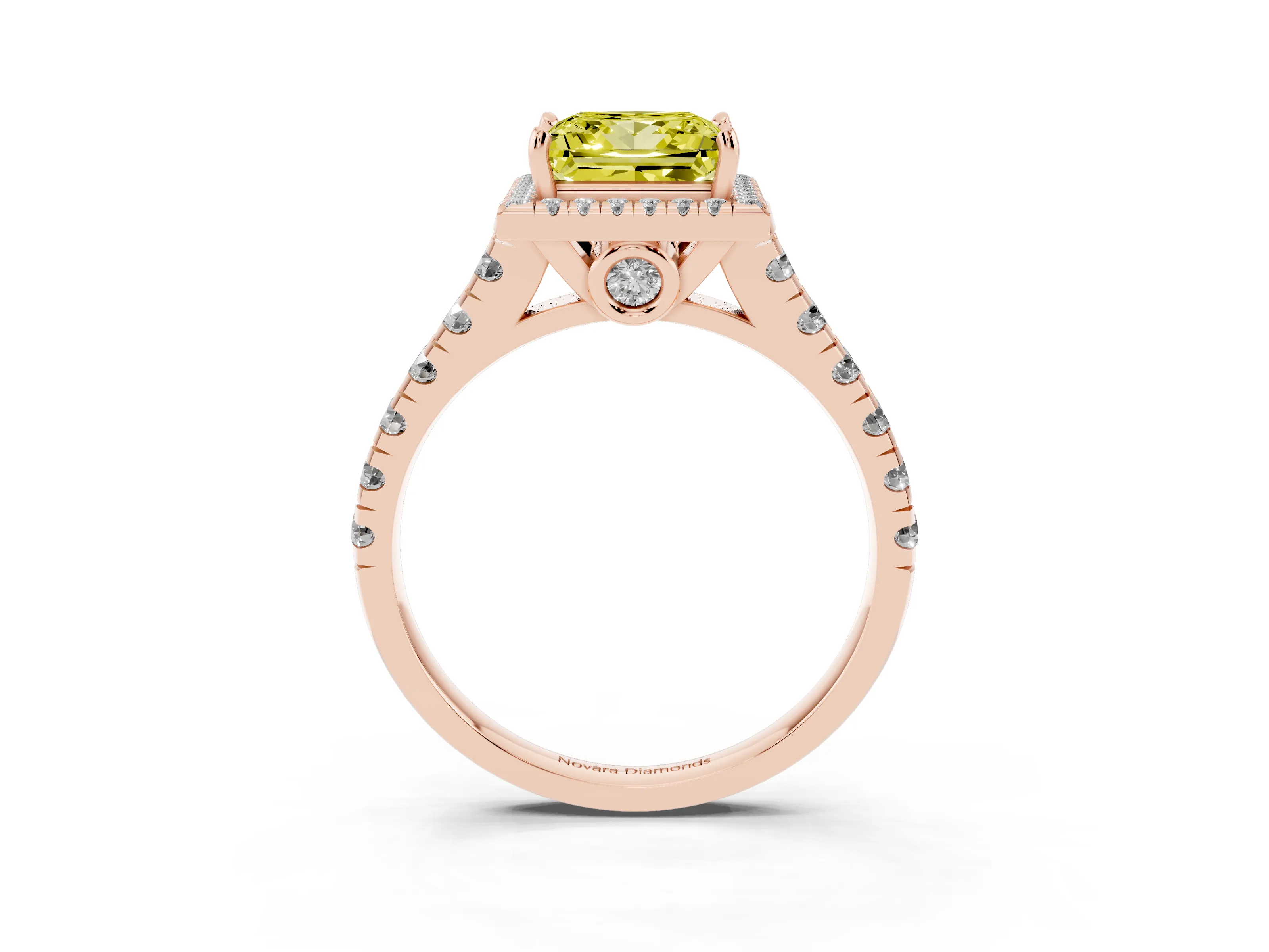 Fancy Yellow Princess Cut Diamond Halo Engagement Ring Set in Rose gold with Pavé Band and Prong-Set Center