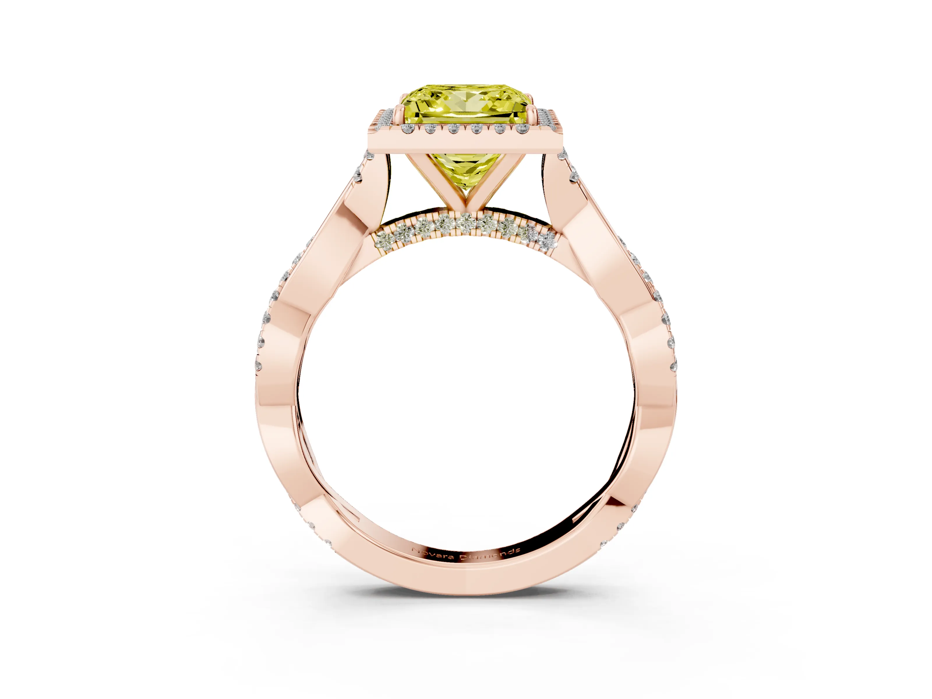 Fancy Yellow Princess Cut Diamond Halo Twist Band Solitaire Ring Set in Rose gold with Prong Setting