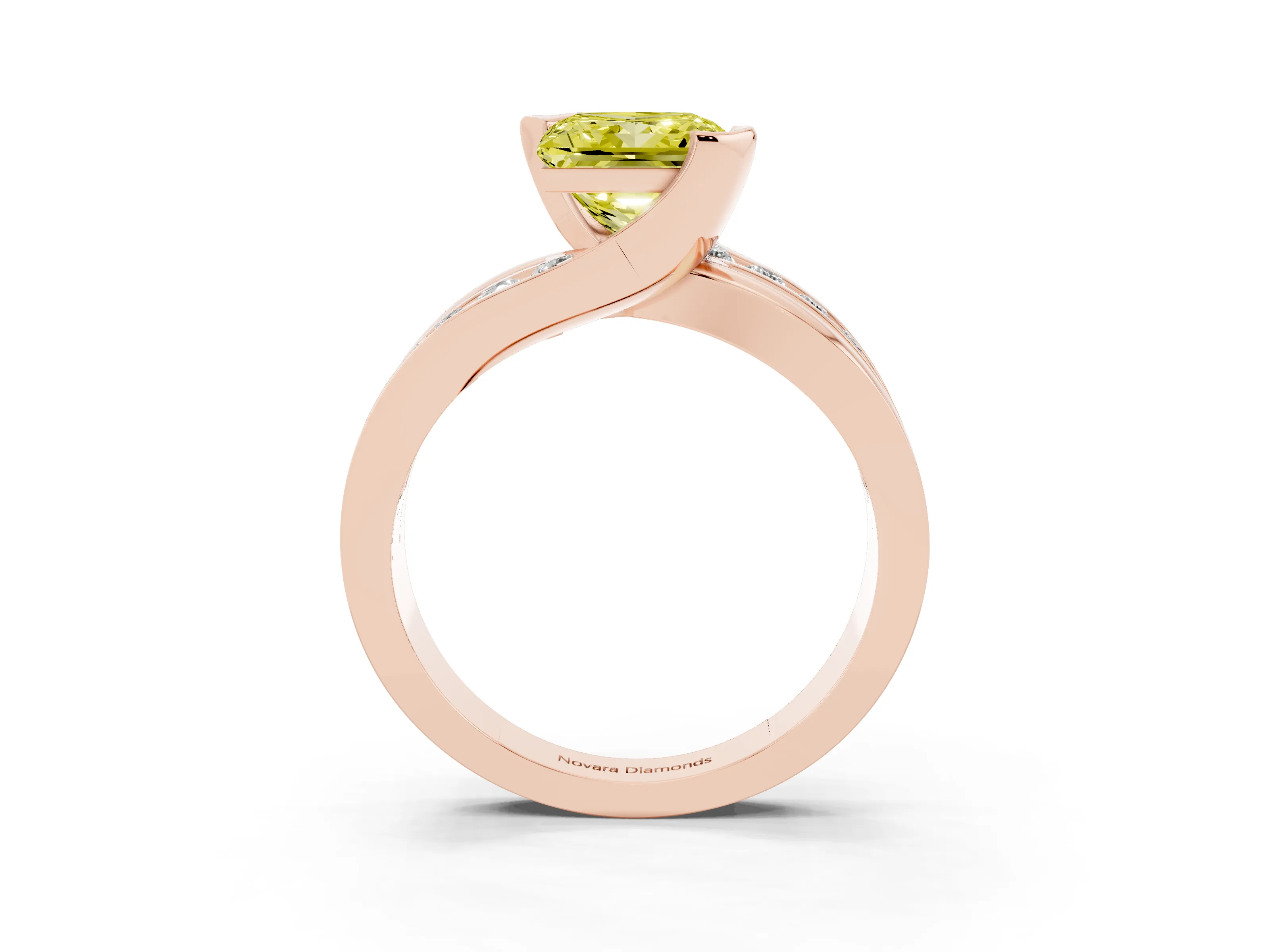 Fancy Yellow Princess Cut Diamond Solitaire Ring Set in Rose gold with Channel Set Split Shank and Tension Prongs