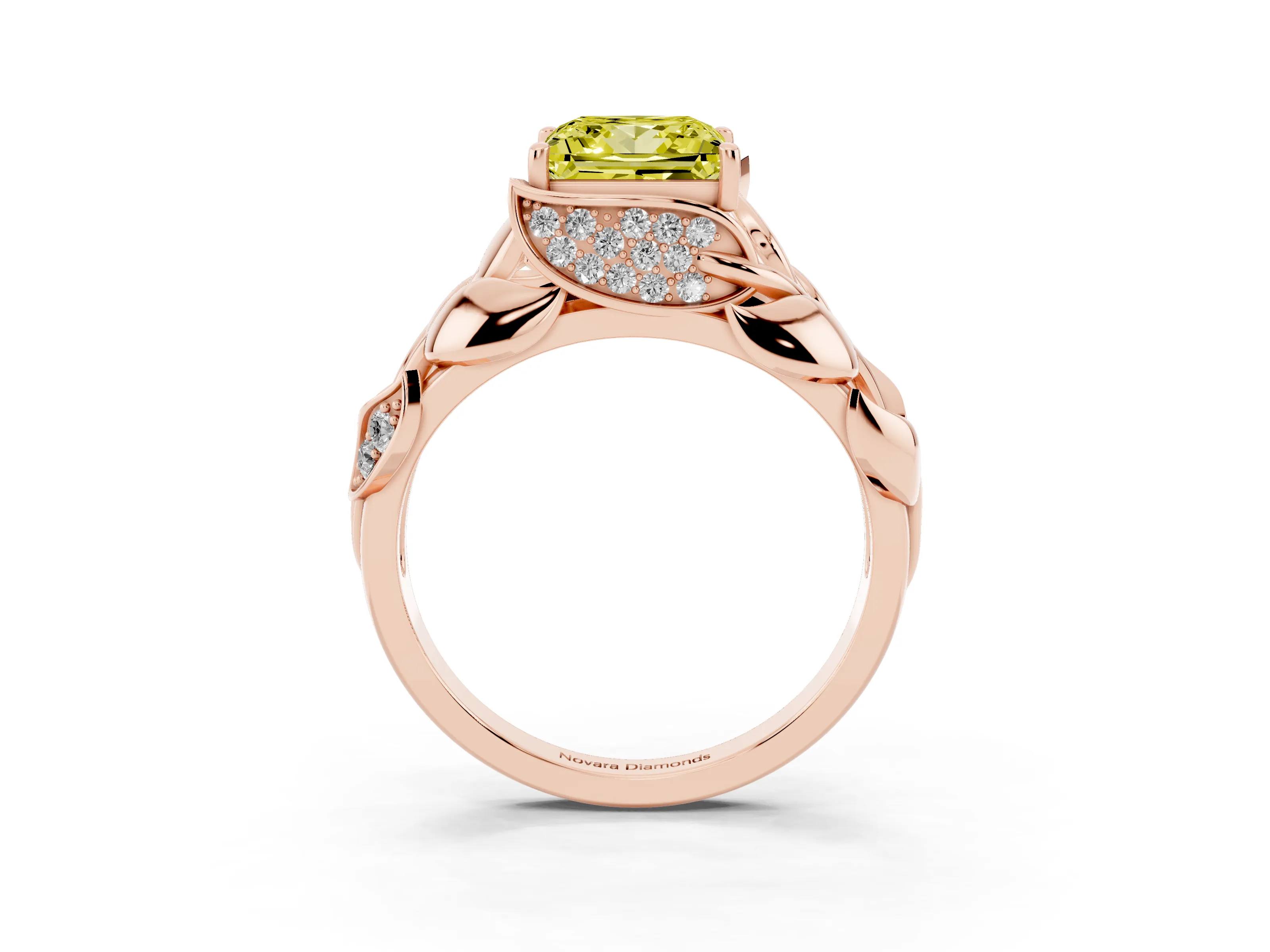 Fancy Yellow Princess Cut Diamond Leaf-Inspired Engagement Ring Set in Rose gold with Round Accents