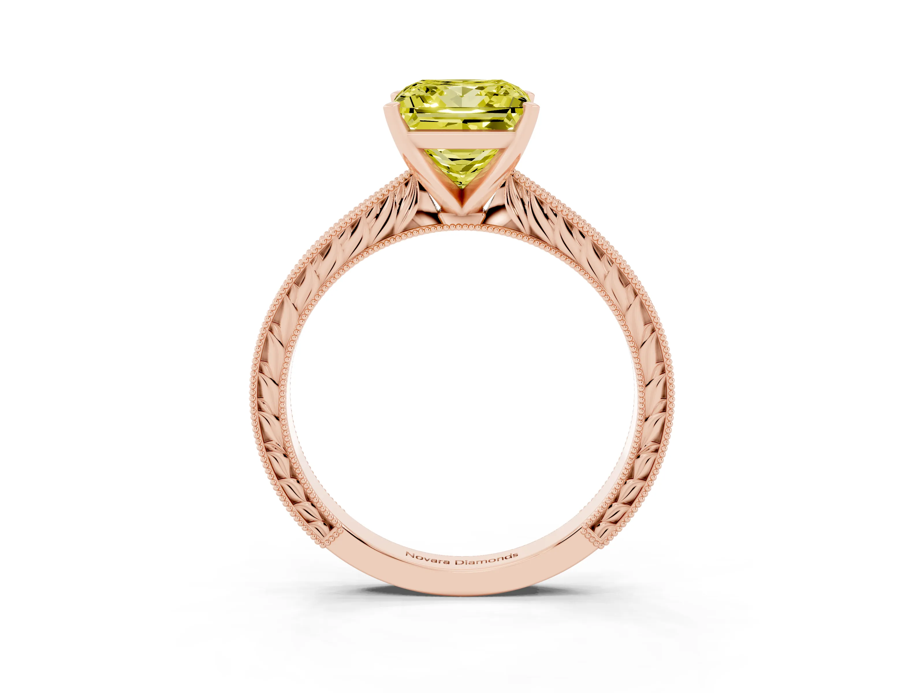 Fancy Yellow Princess Cut Diamond Solitaire Milgrain Engraved Band Set in Rose gold with Prong Setting