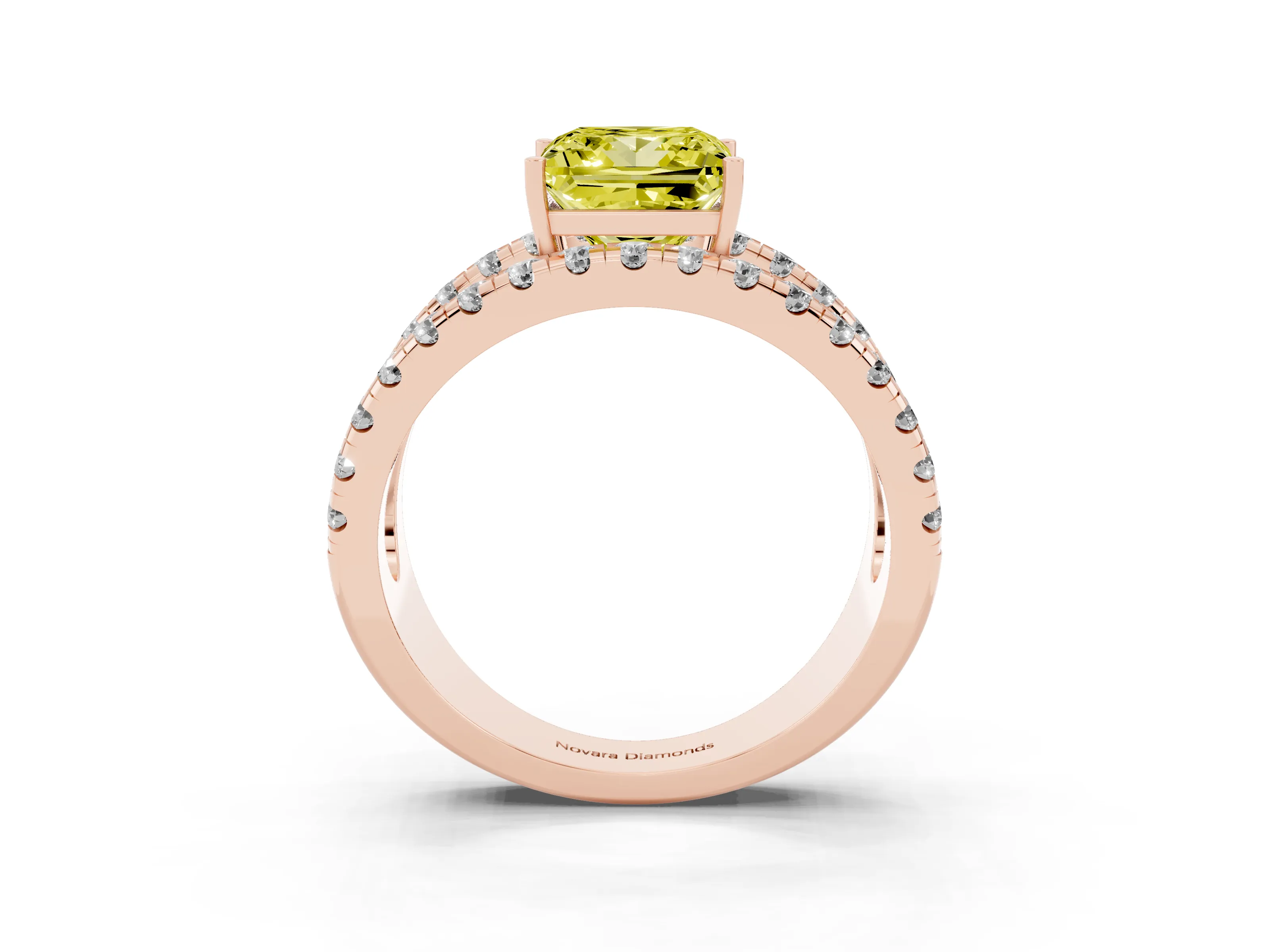 Fancy Yellow Princess Cut Diamond Split Shank Pavé Solitaire Ring Set in Rose gold with Open Shank Design