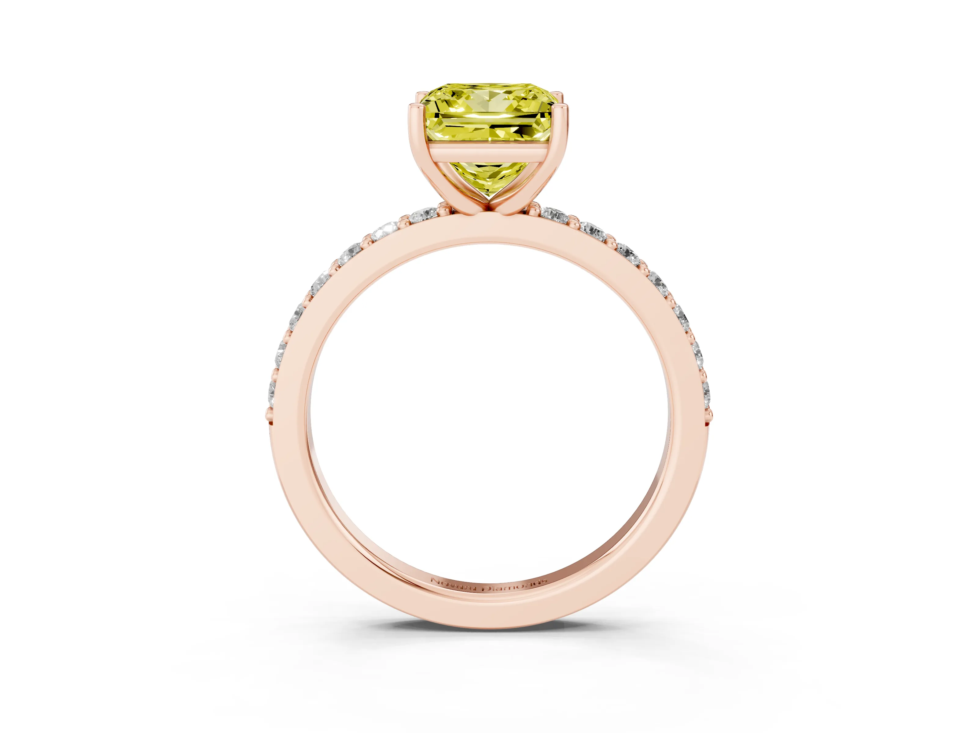 Fancy Yellow Princess Cut Diamond Solitaire Set in Rose gold with Round Pavé Band and Prong Setting