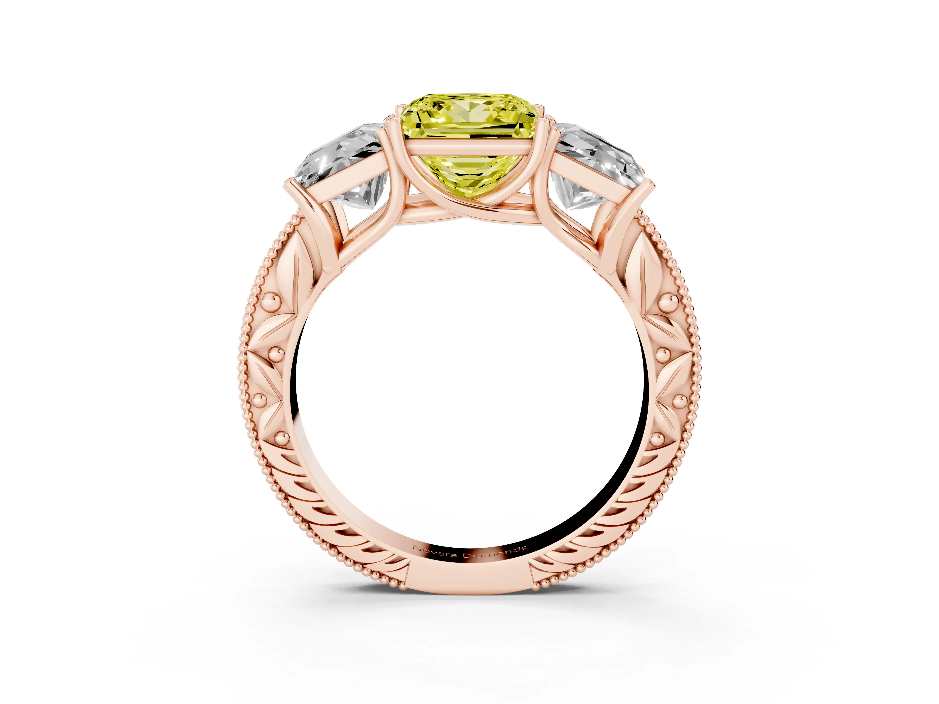 Fancy Yellow Princess Cut Diamond Three-Stone Engagement Ring Set in Rose gold with Milgrain Pavé Band