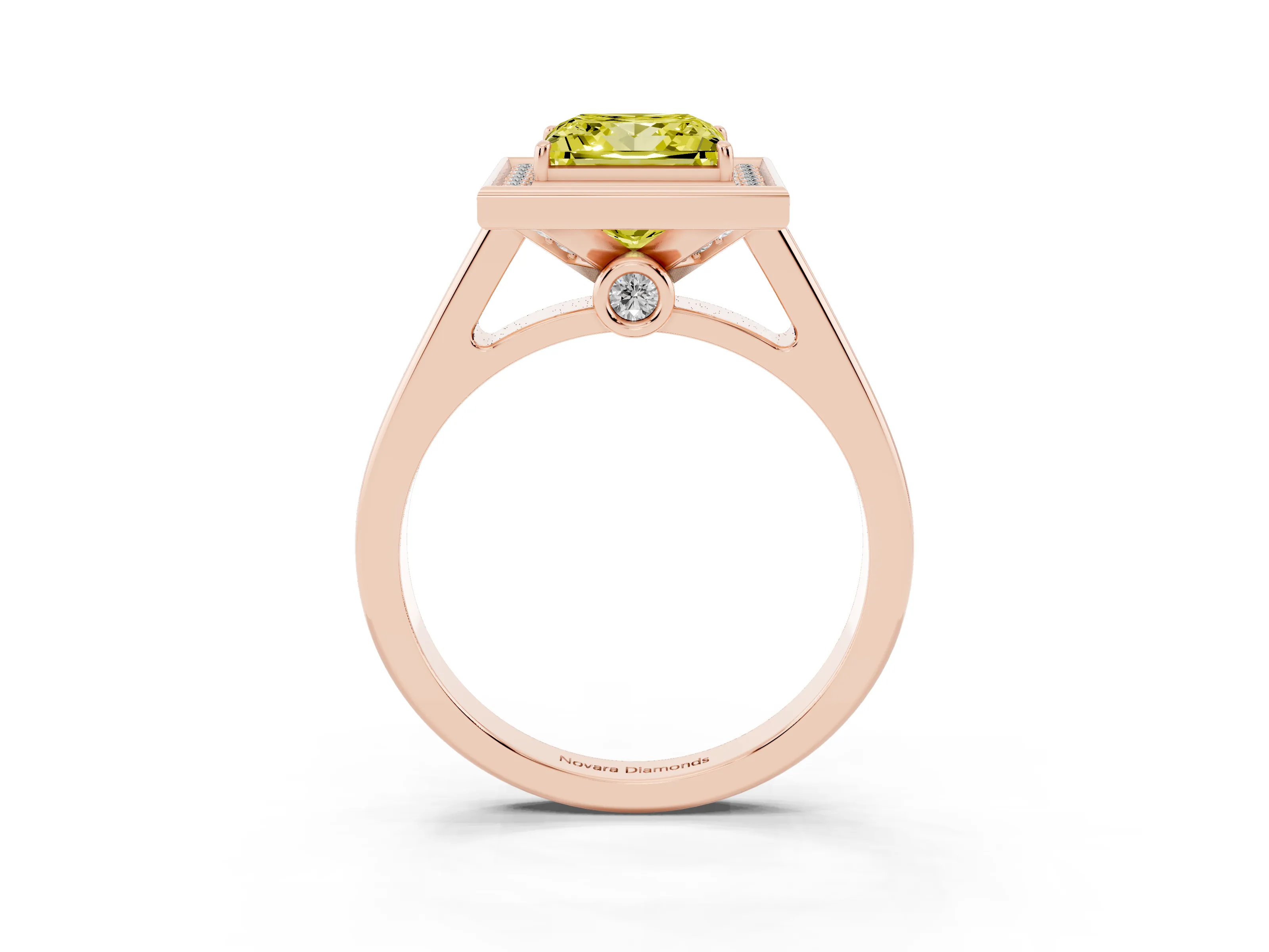 Fancy Yellow Princess Cut Diamond Halo Solitaire Ring Set in Rose gold with Pavé Band and Bezel Setting
