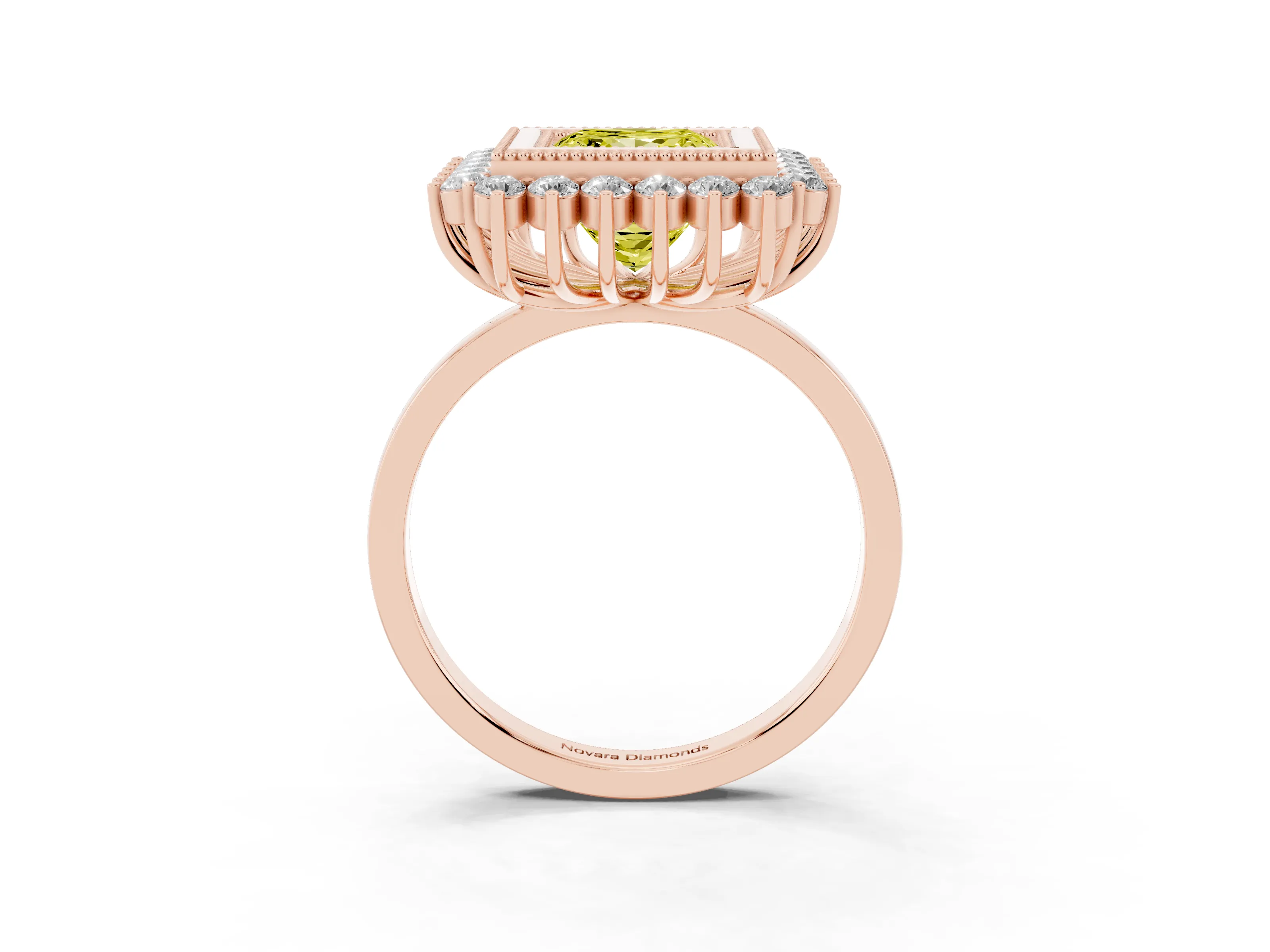 Fancy Yellow Princess Cut Diamond Halo Ring Set in Rose gold with Milgrain Edge and Round Prong Setting