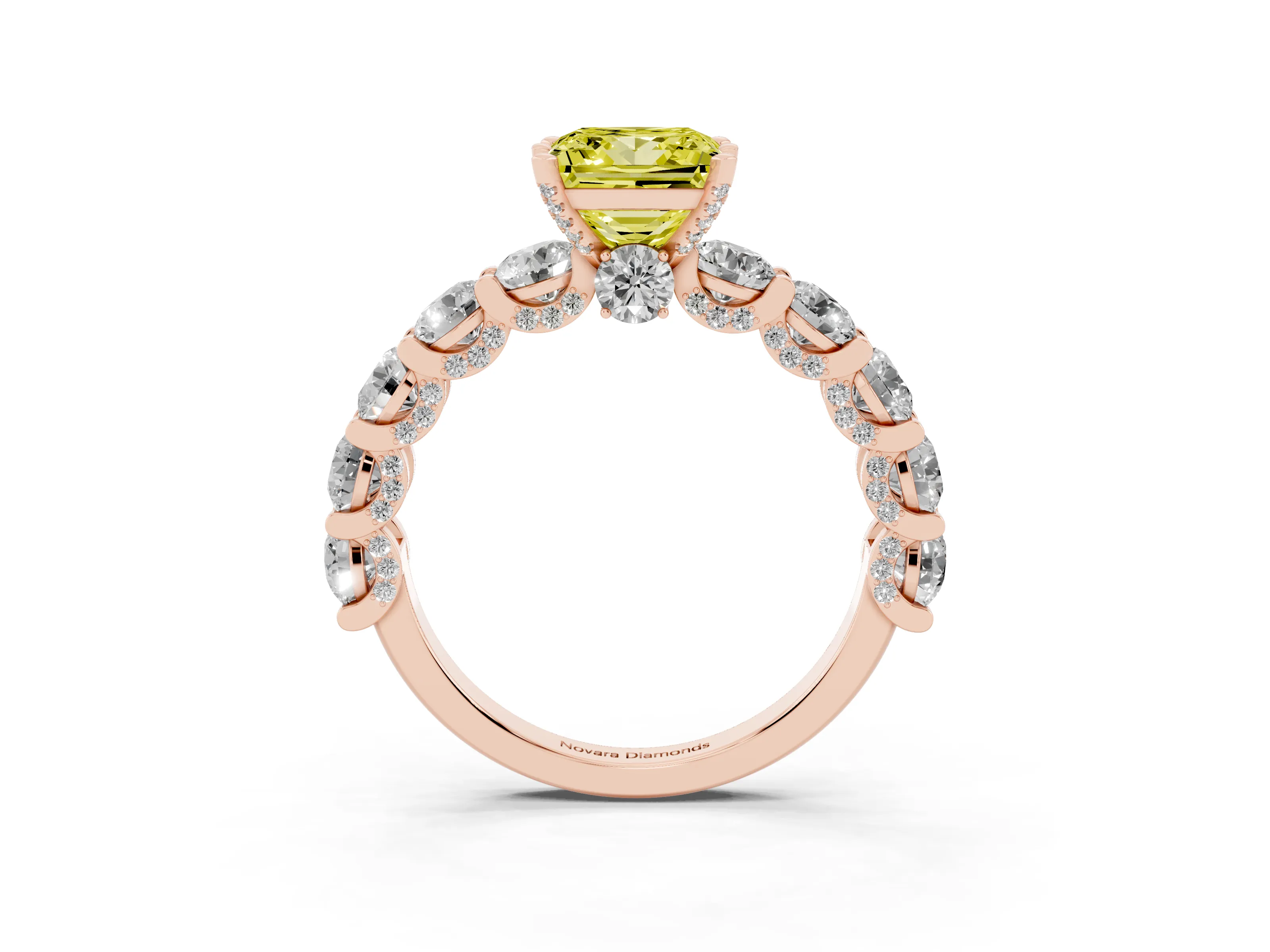 Fancy Yellow Princess Cut Diamond Side Stone Ring Set in Rose gold with Alternating Round and Oval Side Stones
