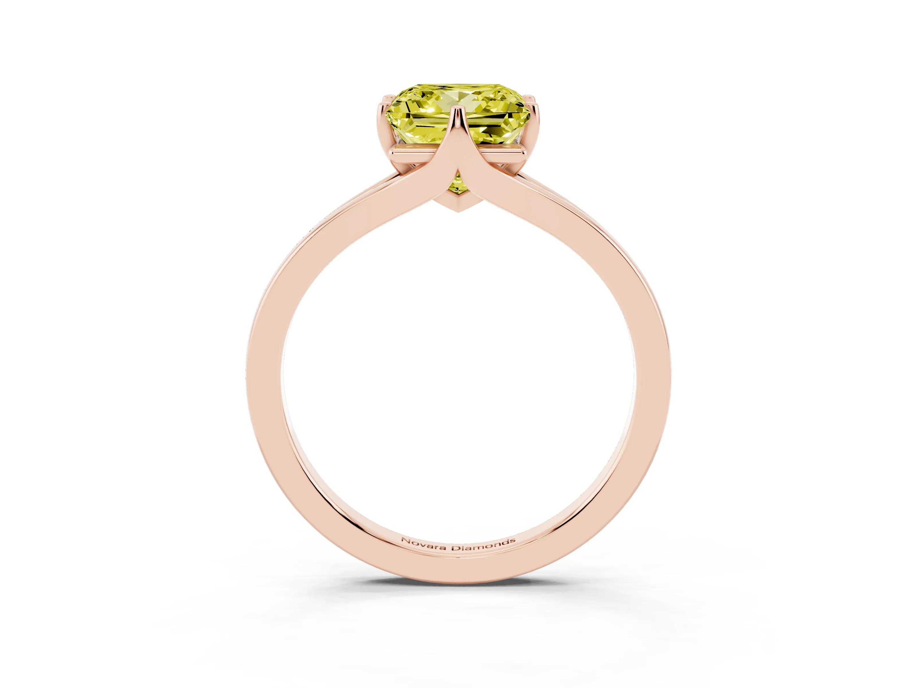 Fancy Yellow Princess Cut Diamond Solitaire Ring Set in Rose gold with Polished Tapered Band and Prong Setting