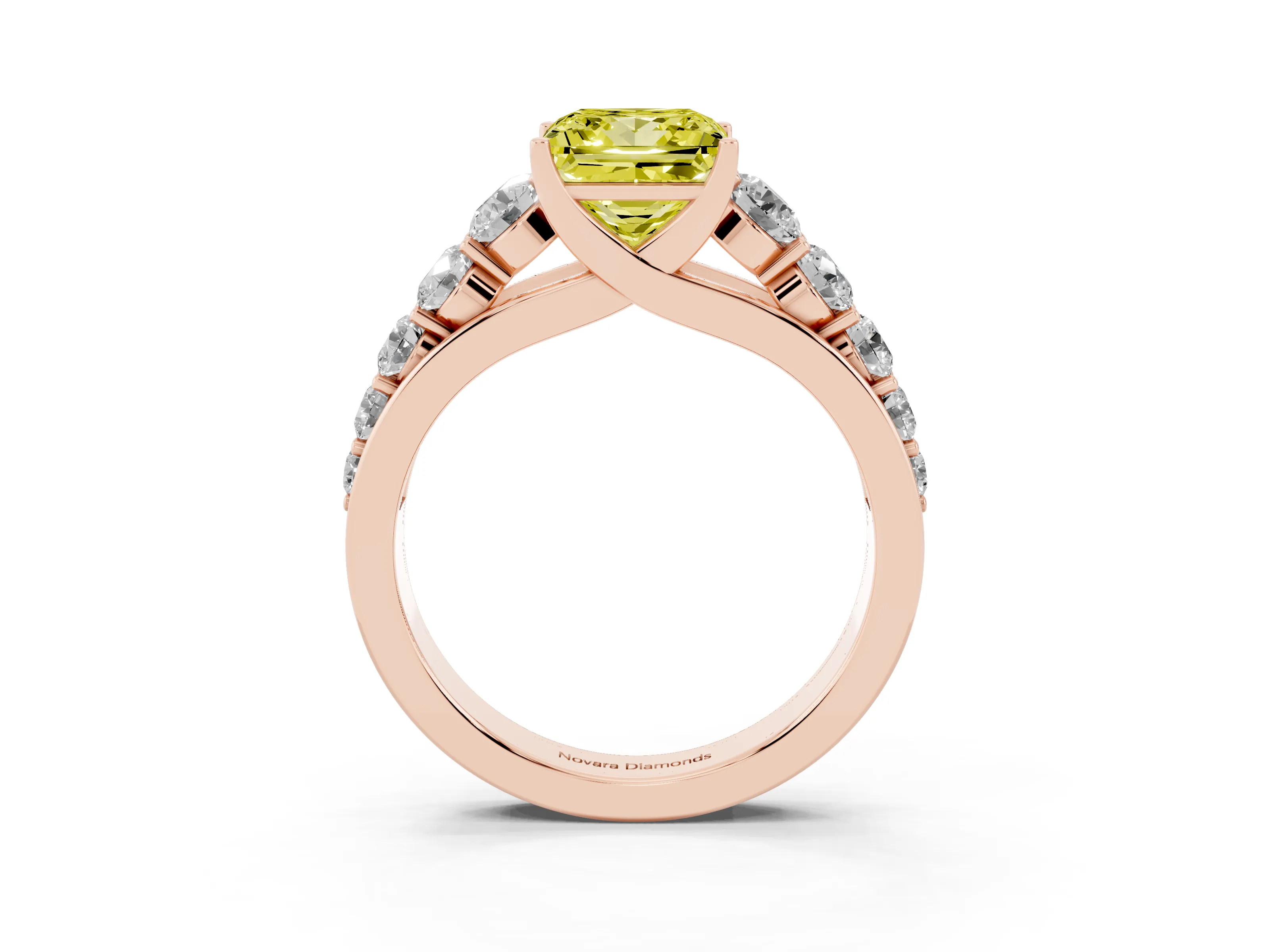 Fancy Yellow Princess Cut Diamond Solitaire Ring Set in Rose gold with Pavé-Set Band and Prong Setting