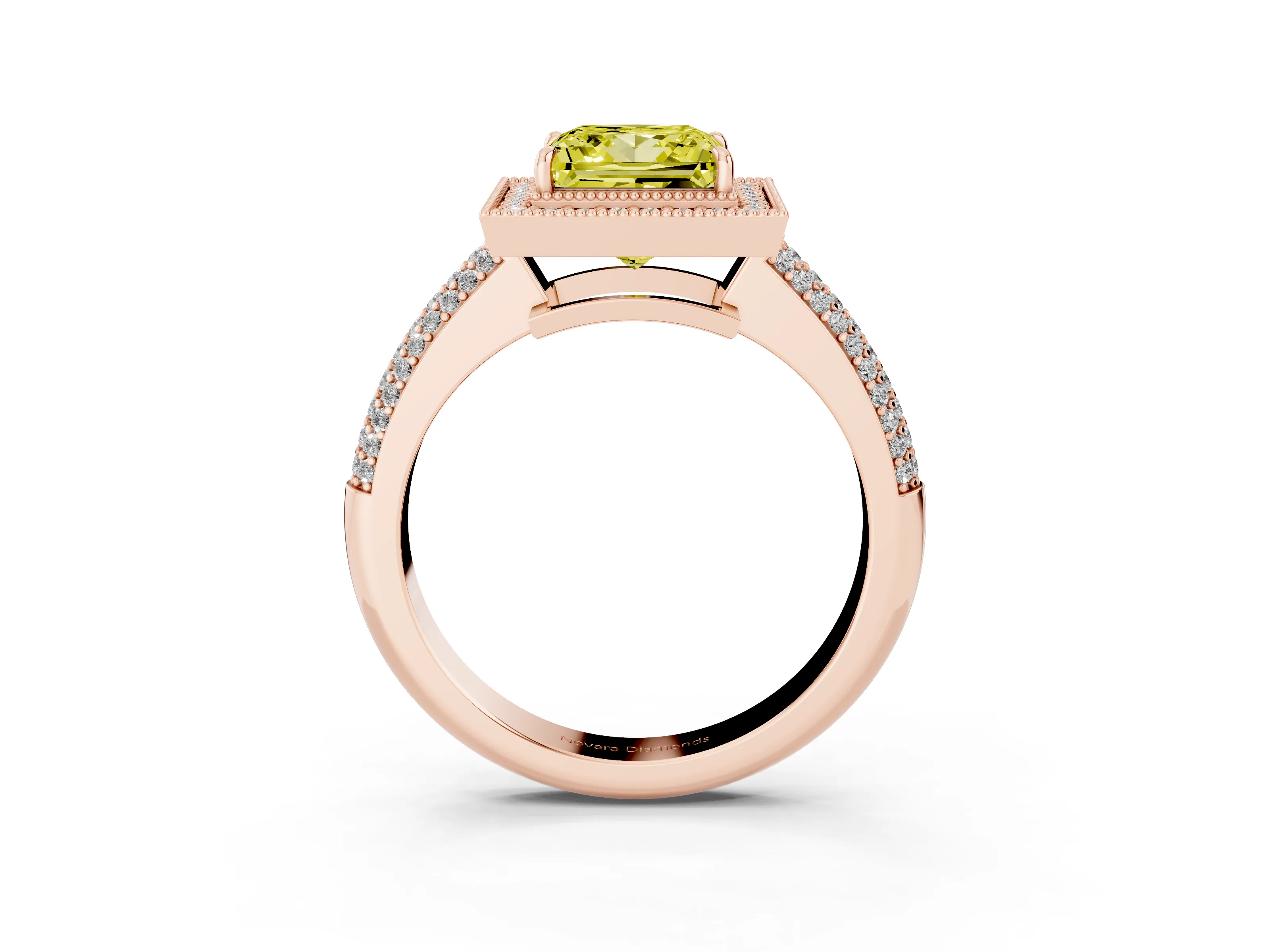 Fancy Yellow Princess Cut Diamond Halo Pavé Band Set in Rose gold with Prong Setting