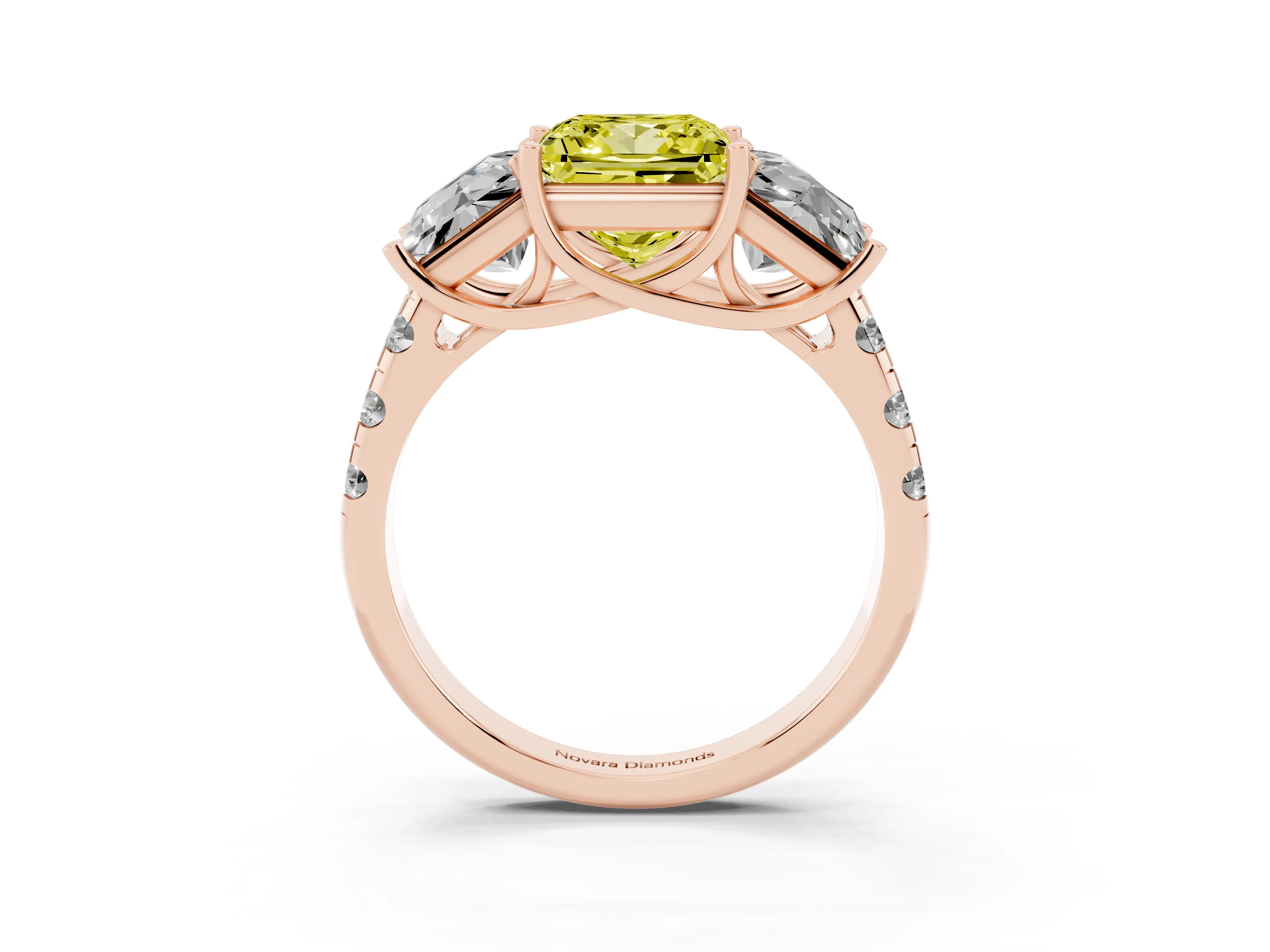 Fancy Yellow Princess Cut Diamond Three-Stone Ring Set in Rose gold with Pavé Band