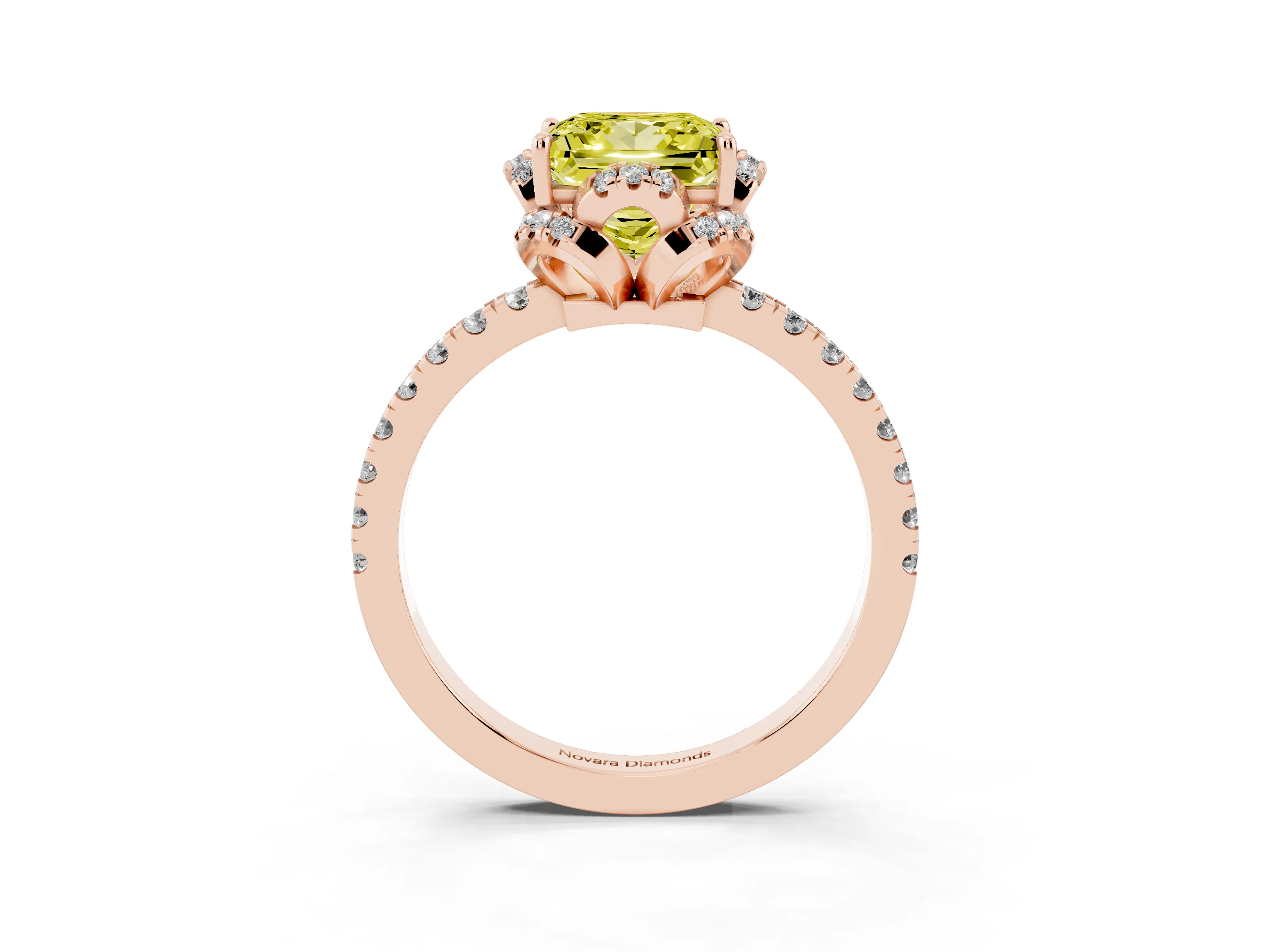 Fancy Yellow Princess Cut Diamond Halo Pavé Band Ring Set in Rose gold with Prong-Held Center