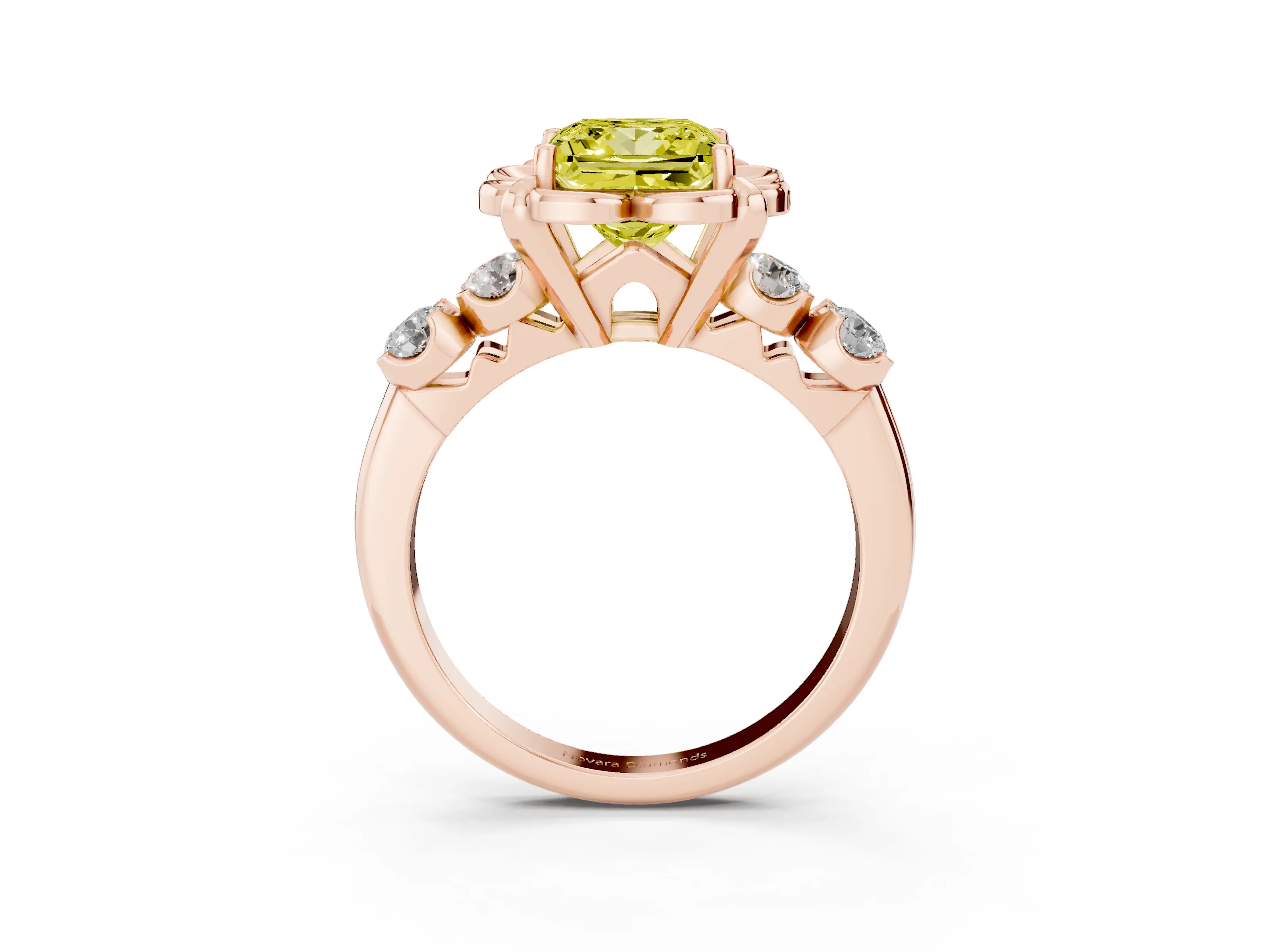 Fancy Yellow Princess Cut Diamond Floral Halo Ring Set in Rose gold with Shared Prong Band