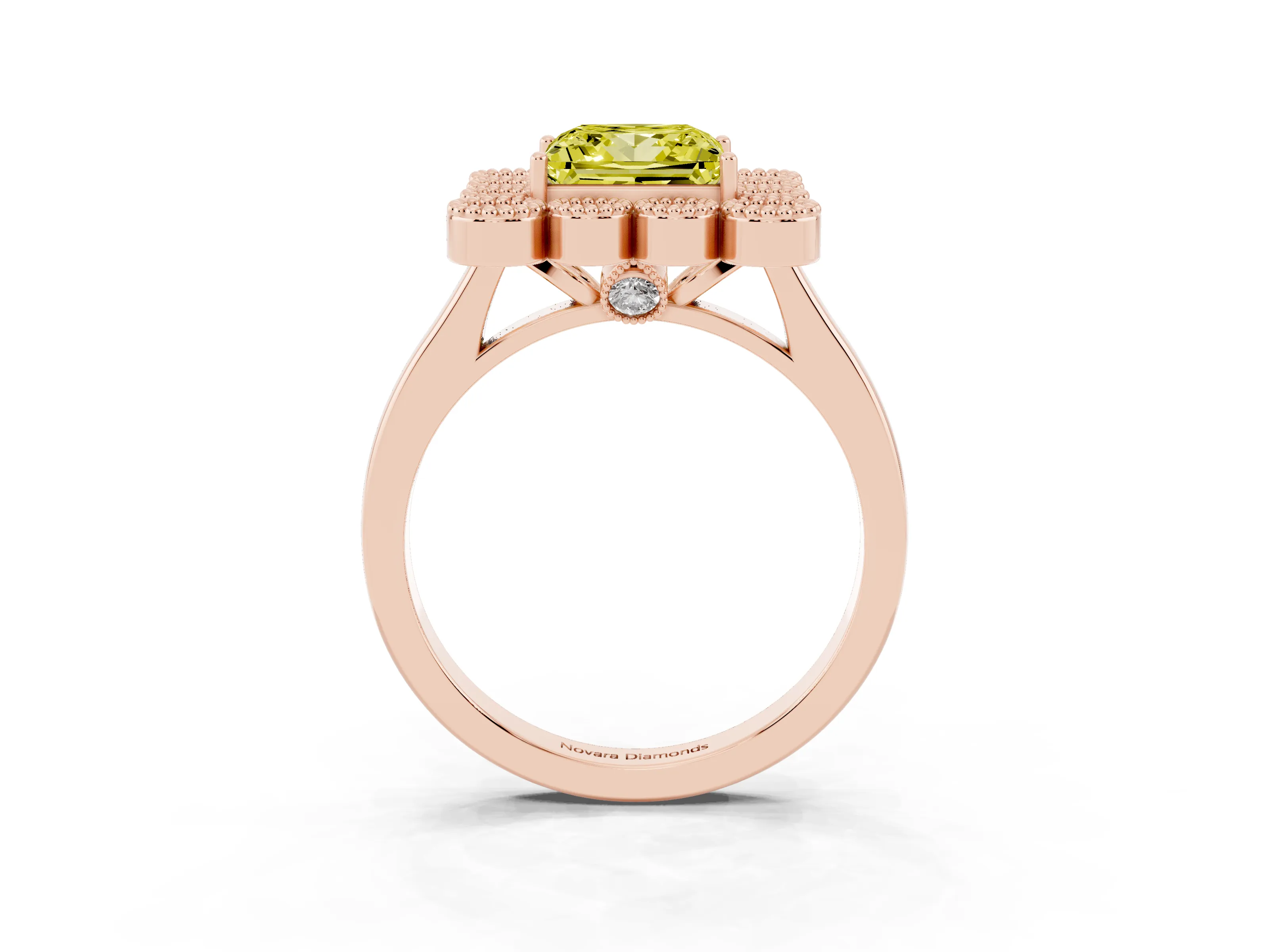 Fancy Yellow Princess Cut Diamond Cluster Halo Ring Set in Rose gold with Milgrain Bezel Accents and Plain Band