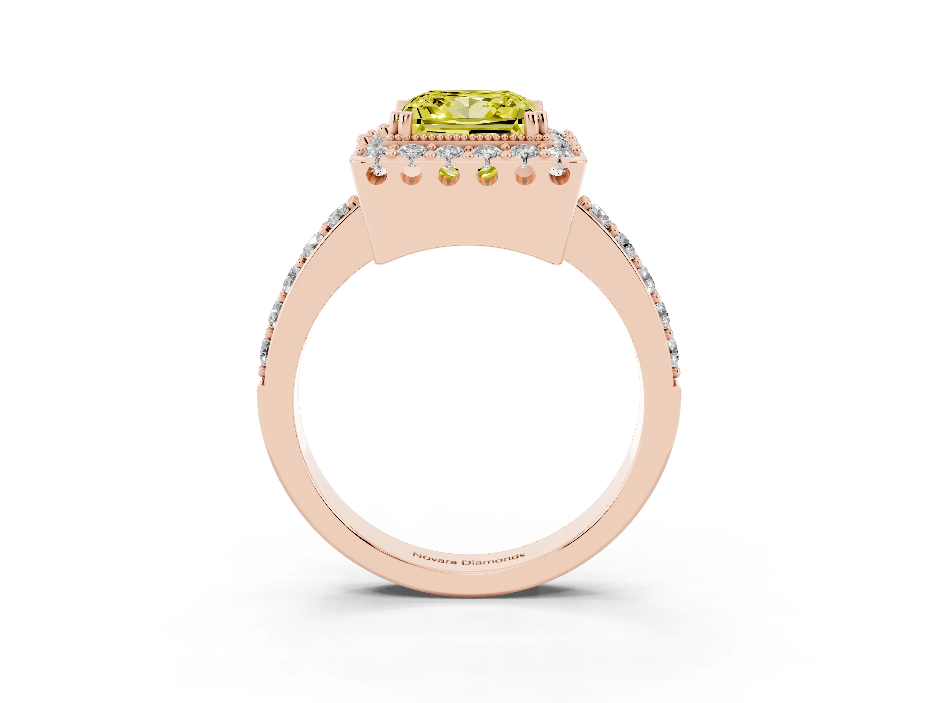 Fancy Yellow Princess Cut Diamond Halo Ring Set in Rose gold with Pavé Shank and Prong Setting