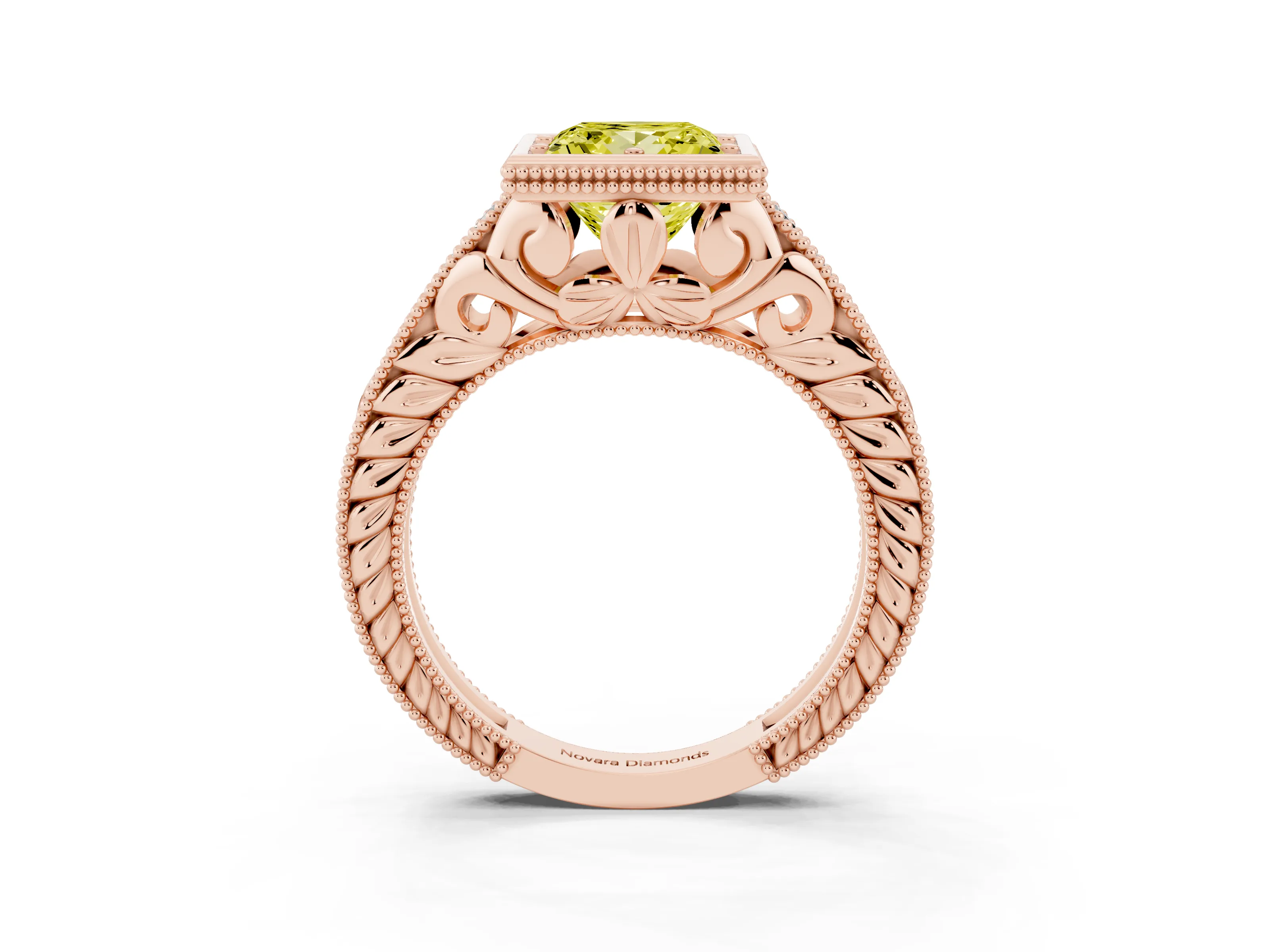 Fancy Yellow Bezel Set Princess Cut Diamond Milgrain Pavé Engagement Ring Set in Rose gold