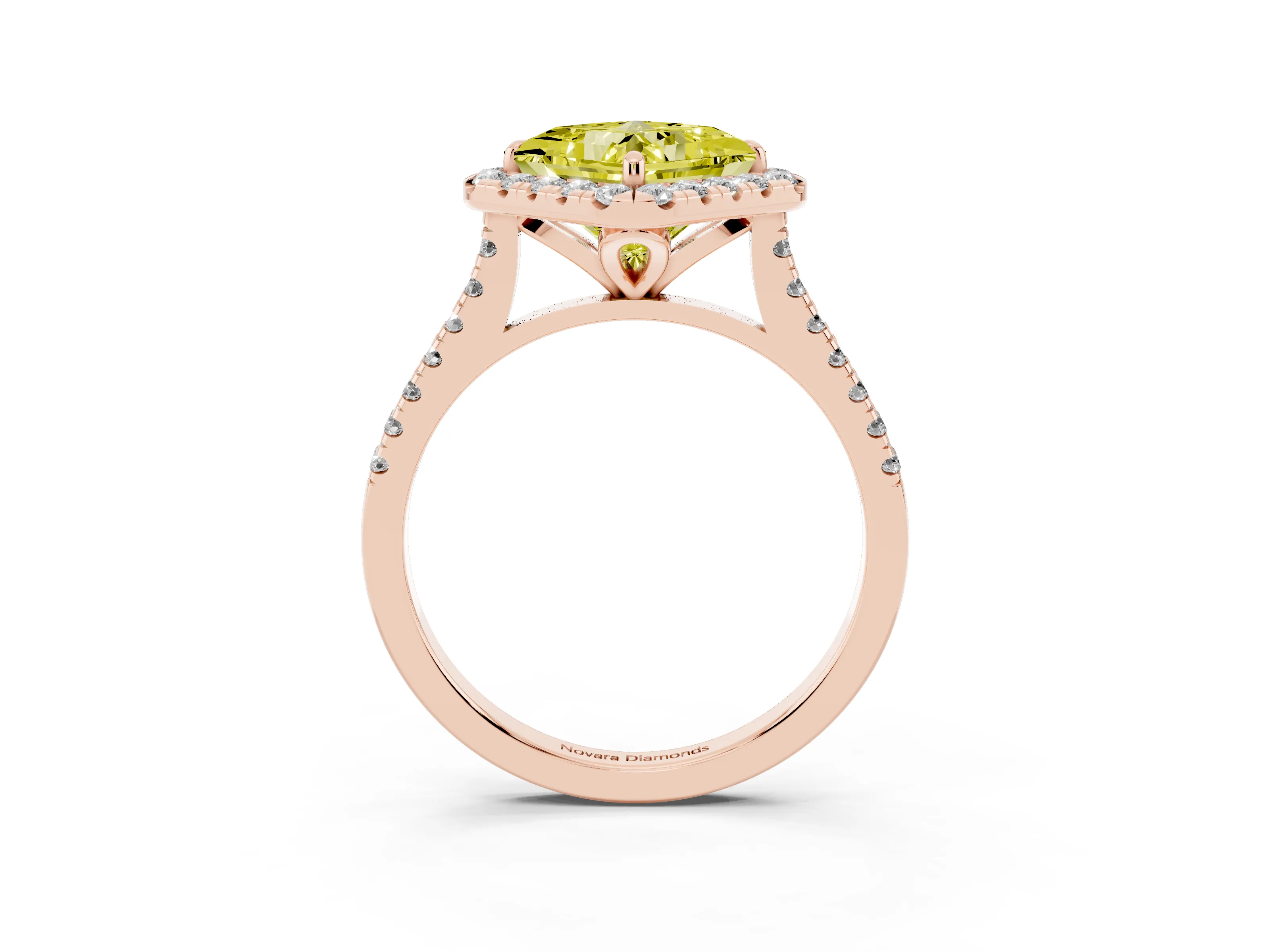 Fancy Yellow Princess Cut Diamond Cushion Halo Ring Set in Rose gold with Pavé Band