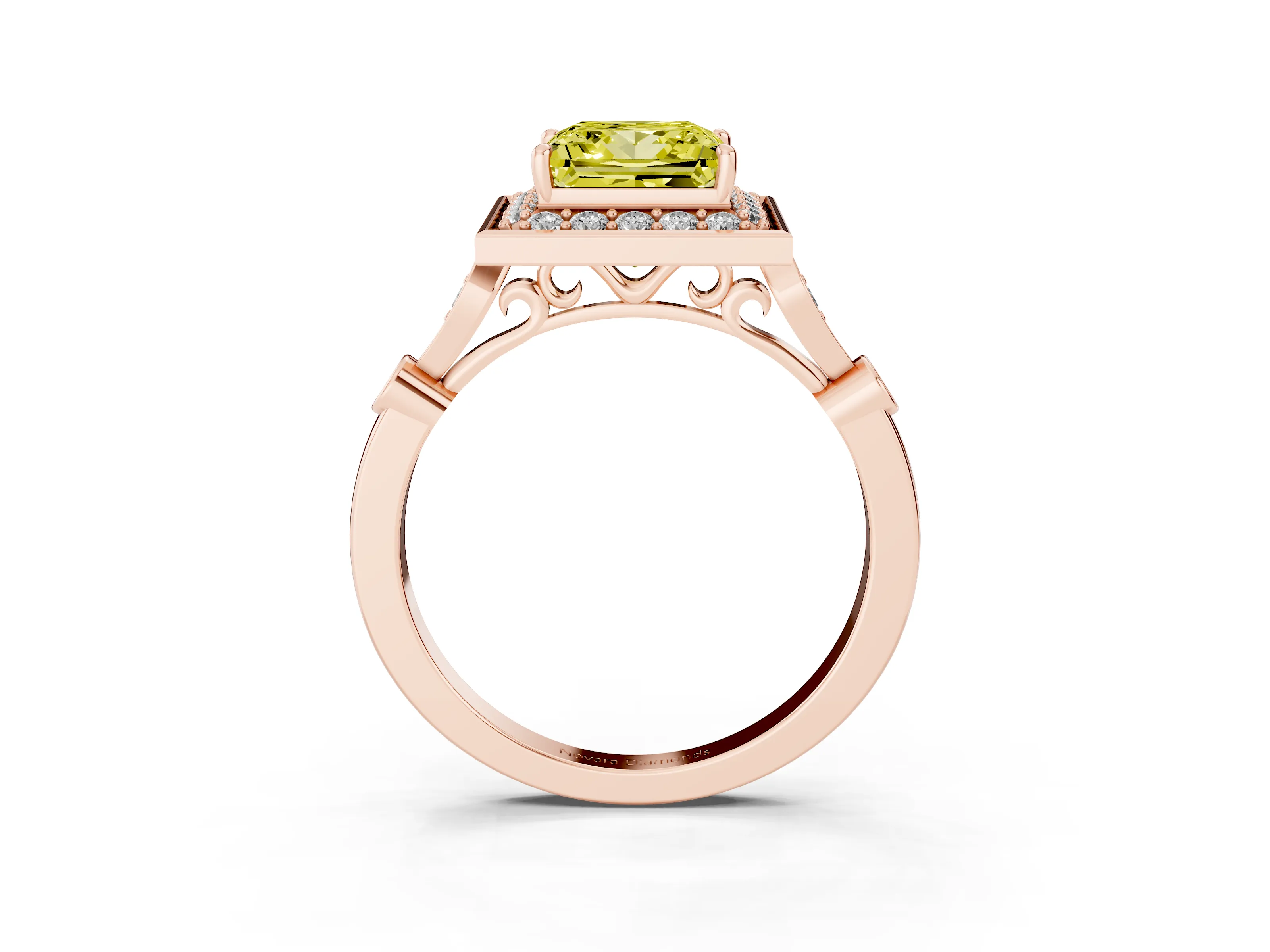 Fancy Yellow Princess Cut Diamond Halo Engagement Ring Set in Rose gold with Twisted Band and Prong Setting
