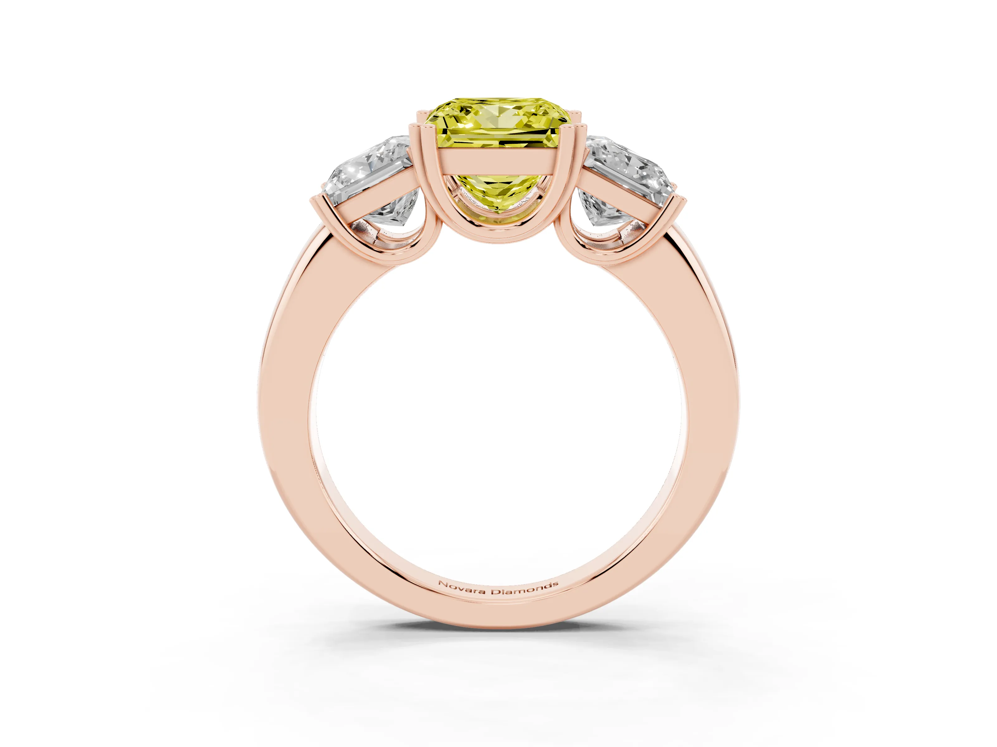 Fancy Yellow Princess Cut Diamond Three-Stone Ring Set in Rose gold with Polished Channel-Set Band