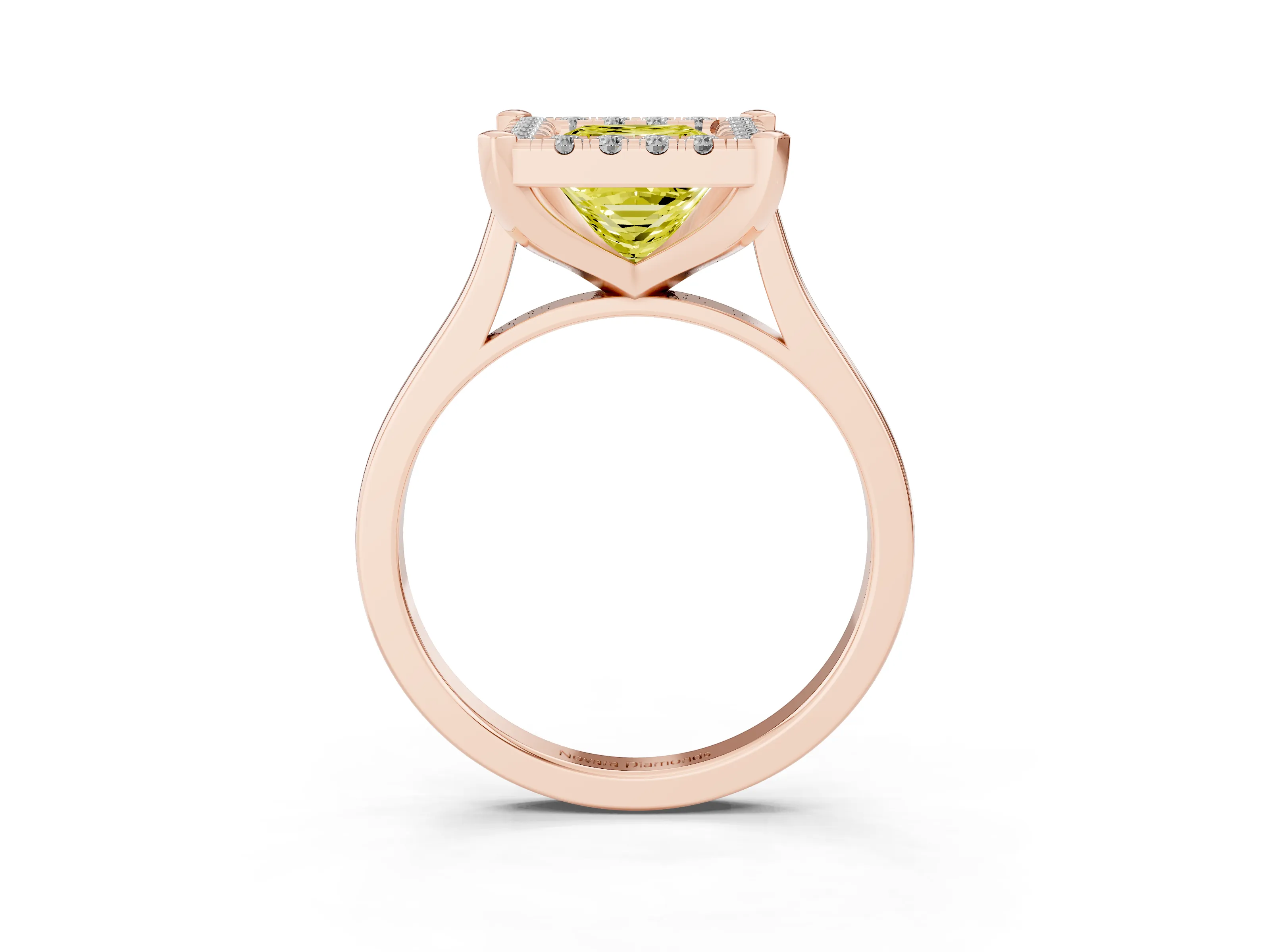 Fancy Yellow Princess Cut Diamond Cluster Halo Solitaire Ring Set in Rose gold with Prong Setting
