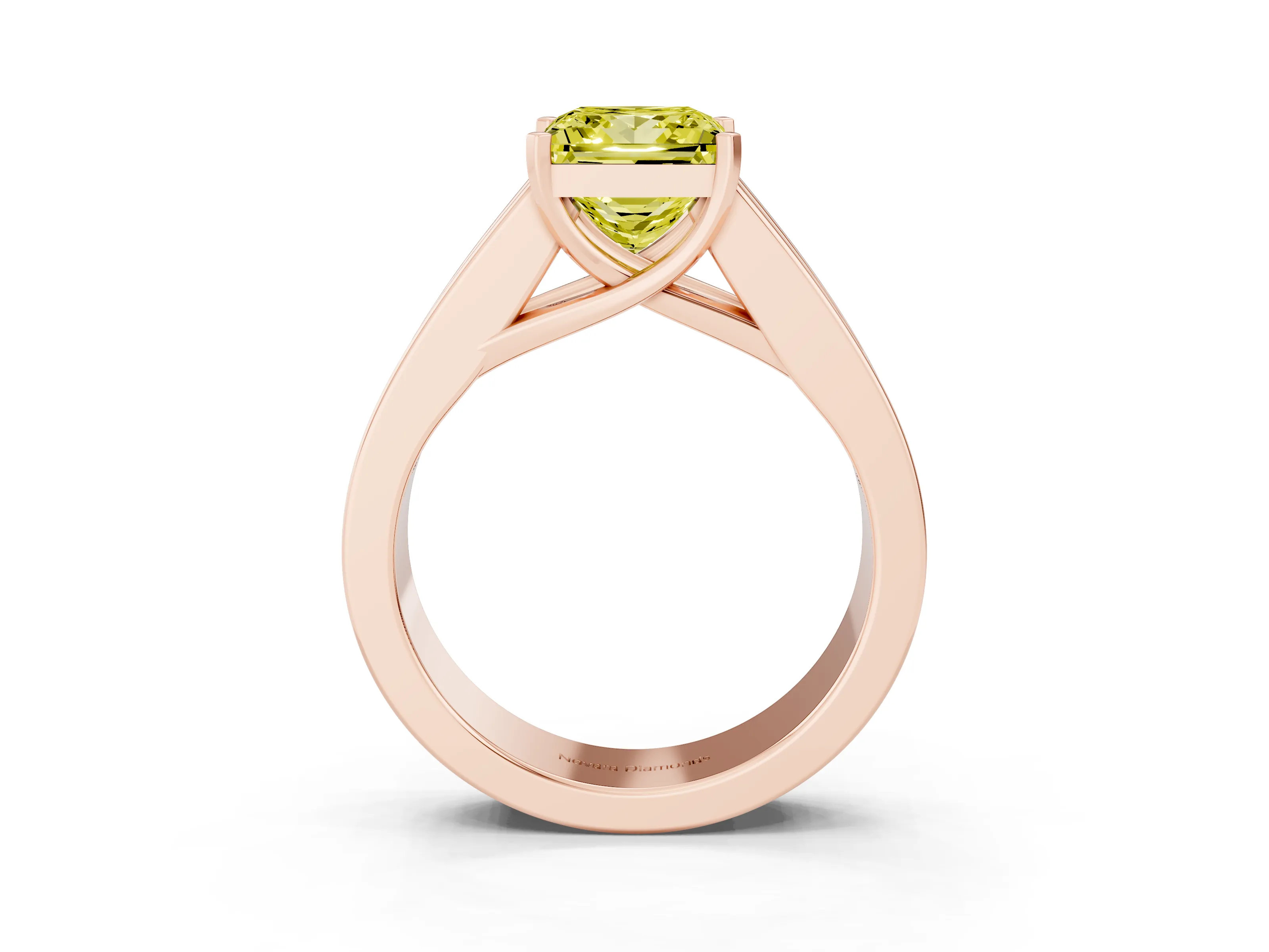 Fancy Yellow Princess Cut Diamond Solitaire Ring Set in Rose gold with Channel-Set Accent Stones and Prong Setting